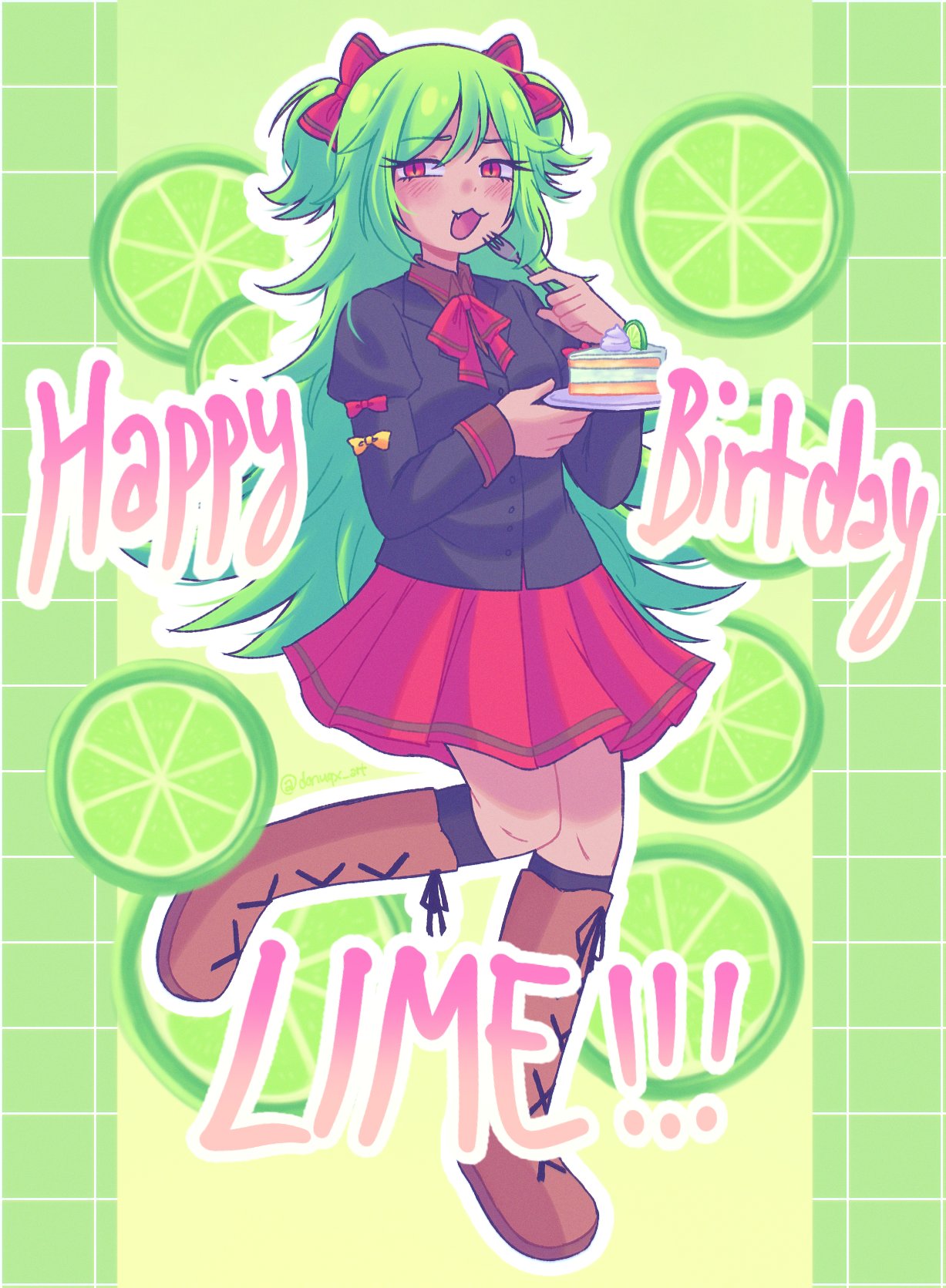 1girl :3 black_jacket brown_footwear buttons cake cake_slice donuqx english_text fang food fork fruit green_background green_hair green_theme hair_ribbon happy_birthday highres holding holding_fork holding_plate jacket juliet_sleeves leg_up light_blush lime_(fruit) lime_(witch's_heart) long_hair long_sleeves looking_at_viewer open_mouth outline plate pleated_skirt puffy_sleeves red_eyes red_ribbon red_skirt ribbon short_twintails skirt solo twintails very_long_hair white_outline witch's_heart
