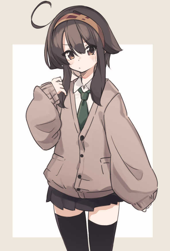 1girl black_skirt black_thighhighs blush brown_background brown_cardigan brown_eyes brown_hair brown_hairband cardigan closed_mouth collared_shirt commentary_request green_necktie hair_between_eyes hairband hand_up long_hair long_sleeves looking_at_viewer natsuki_teru necktie original pleated_skirt puffy_long_sleeves puffy_sleeves shikibe_ayaka shirt skirt sleeves_past_wrists solo standing thigh-highs two-tone_background v-shaped_eyebrows white_background white_shirt