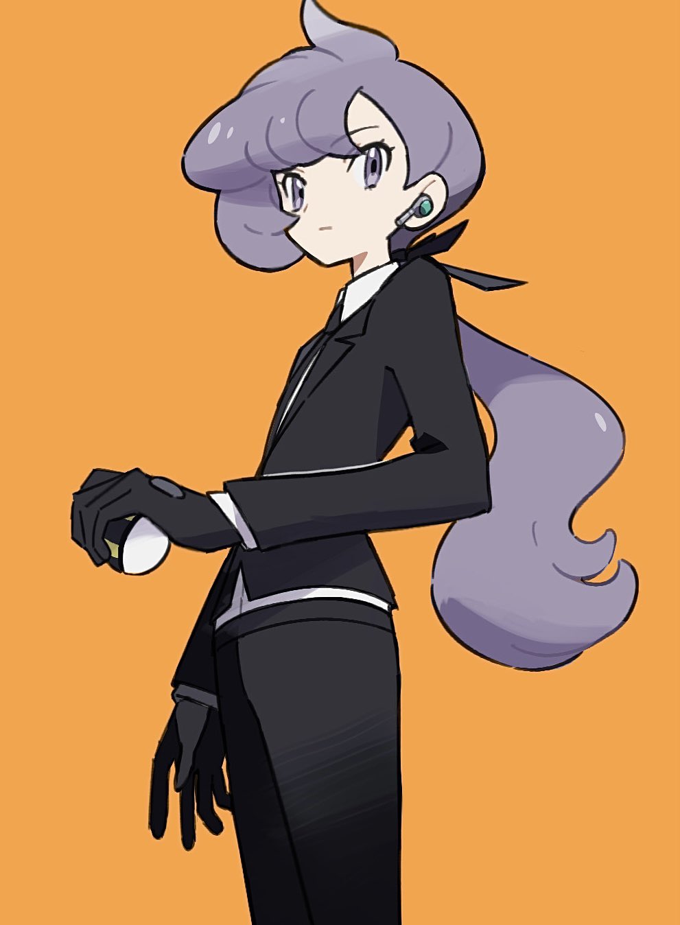 1girl anabel_(pokemon) black_gloves black_jacket black_pants closed_mouth earpiece from_side gloves highres holding holding_poke_ball jacket long_hair looking_at_viewer pants poke_ball pokemon pokemon_sm ponytail purple_hair rii_(mrhc7482) shirt solo ultra_ball violet_eyes white_shirt yellow_background