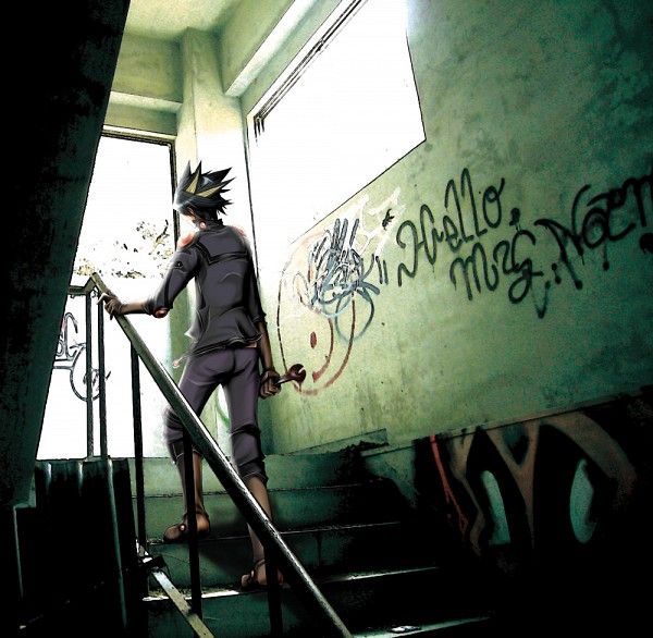1boy biker_clothes black_hair blood blood_on_weapon facing_away fudo_yusei graffiti hand_on_railing holding holding_wrench on_stairs weapon wrench yu-gi-oh! yu-gi-oh!_5d's
