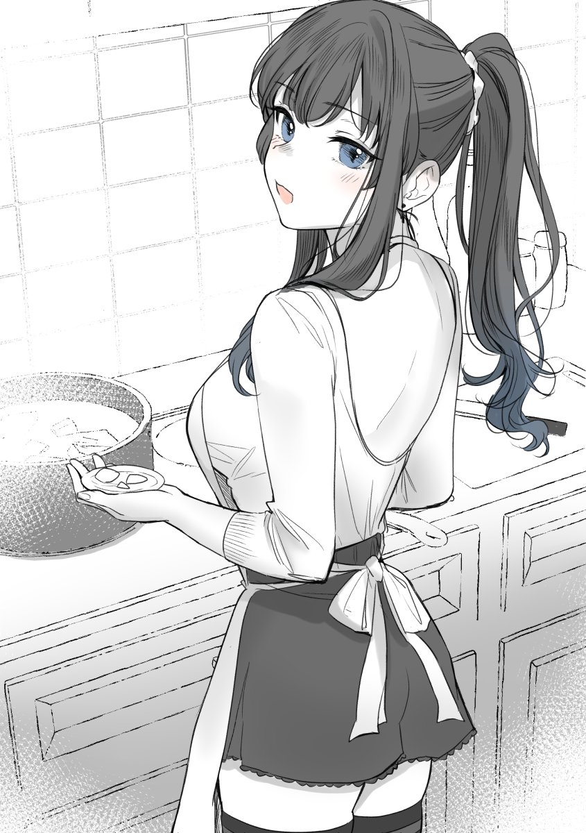 1girl apron back blue_eyes blush carrot_(robosquat) cooking earrings highres indoors jewelry long_hair looking_at_viewer looking_back miniskirt monochrome open_mouth original ponytail shirt skirt solo spot_color stud_earrings thigh-highs zettai_ryouiki