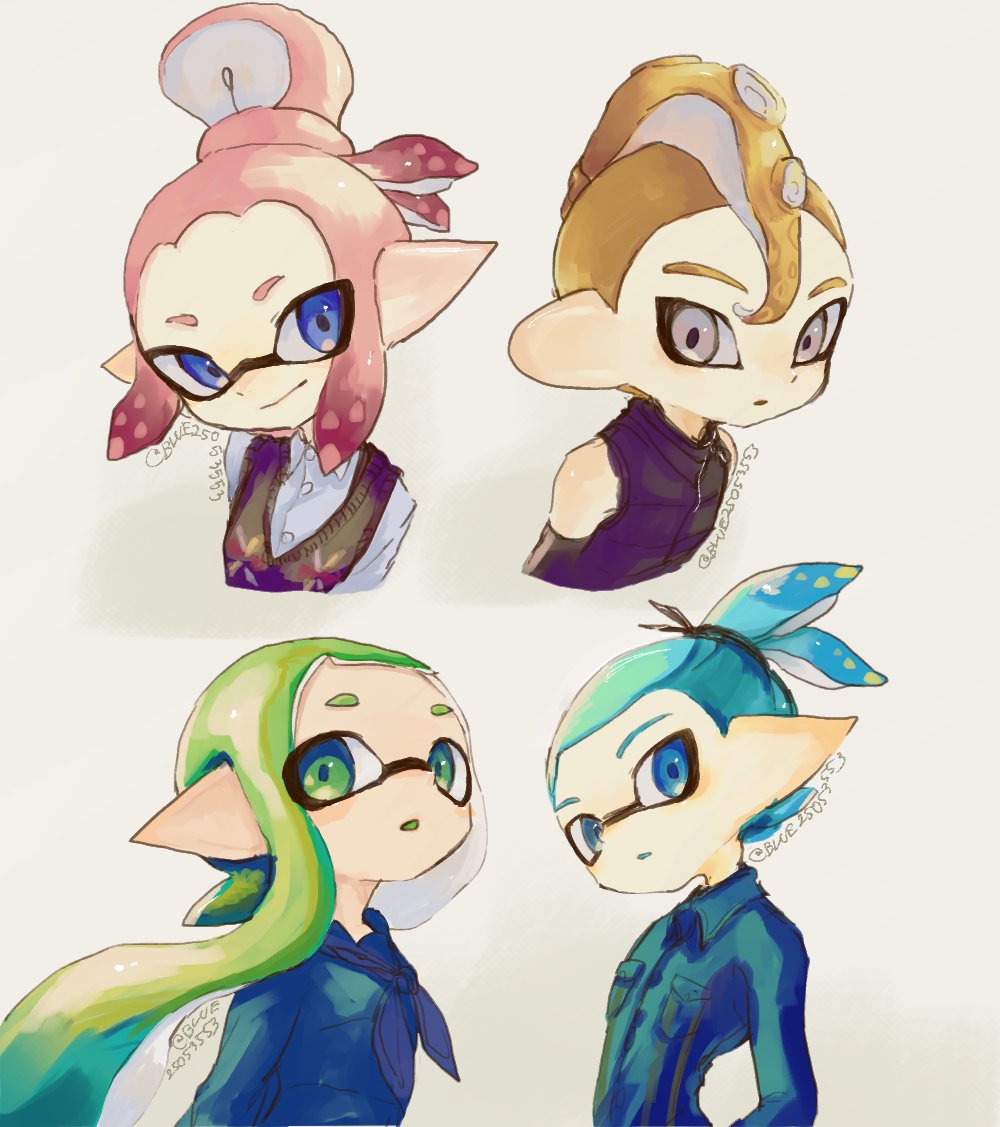 2boys 2girls blonde_hair blue_eyes blue_hair blue_kei closed_mouth commentary_request green_eyes green_hair grey_eyes inkling inkling_boy inkling_girl inkling_player_character long_hair medium_hair mohawk multiple_boys multiple_girls parted_lips pink_hair pointy_ears sailor_collar sailor_shirt shirt short_hair simple_background smile splatoon_(series) tentacle_hair topknot white_background