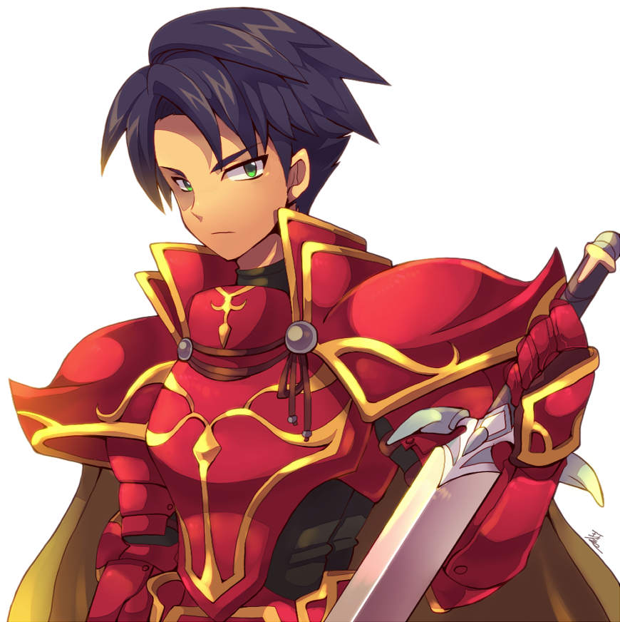 1boy armor black_hair brown_cape cape closed_mouth fire_emblem fire_emblem:_radiant_dawn green_eyes holding holding_sword holding_weapon kotorai looking_at_viewer male_focus red_armor short_hair signature simple_background solo sword upper_body weapon white_background zelgius_(fire_emblem)