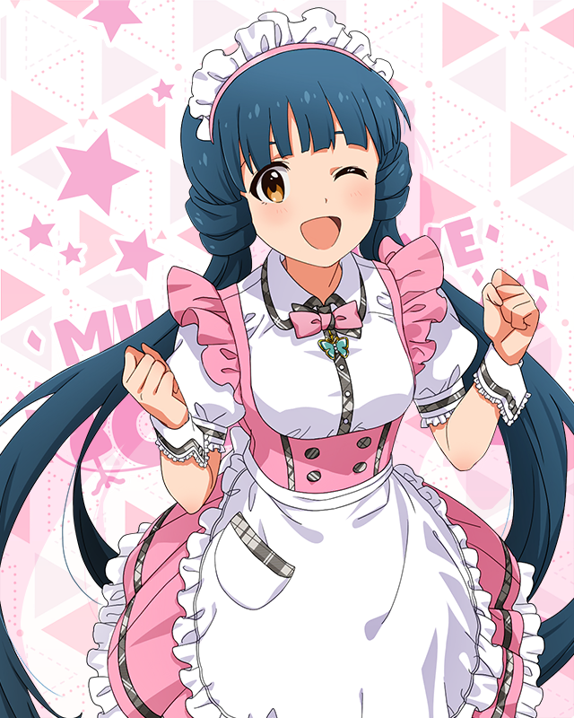 1girl :d apron blue_hair blunt_bangs blush bow bowtie breasts butterfly_ornament cowboy_shot dot_nose dress frilled_apron frilled_skirt frills hands_up idolmaster idolmaster_million_live! idolmaster_million_live!_theater_days kitakami_reika long_hair looking_at_viewer maid_headdress medium_breasts official_alternate_costume official_art one_eye_closed open_mouth pink_bow pink_bowtie pink_dress pretty_waitress_(idolmaster) puffy_short_sleeves puffy_sleeves shirt short_sleeves skirt smile solo standing starry_background thigh-highs twintails upper_body very_long_hair waist_apron waitress white_apron white_shirt white_thighhighs wrist_cuffs yellow_eyes