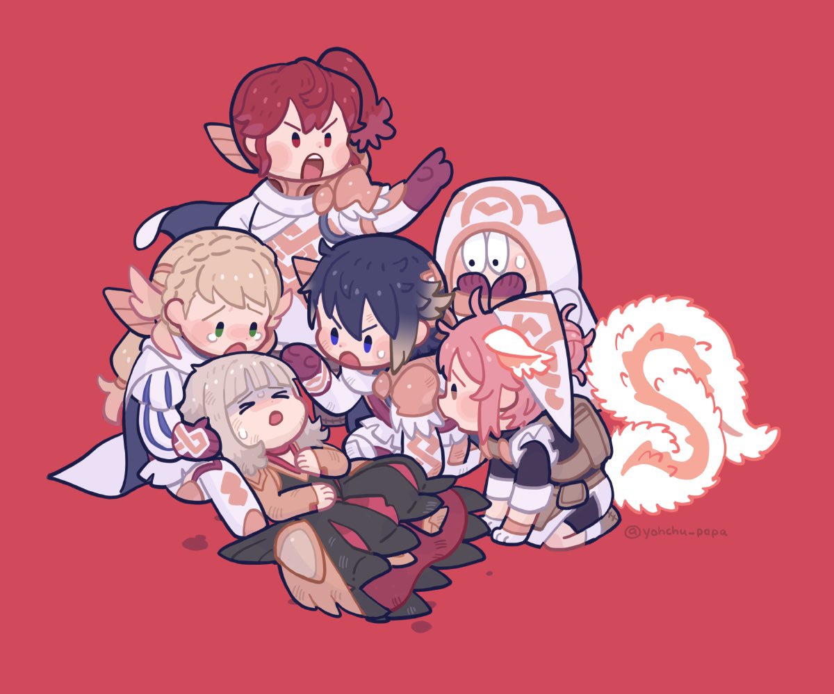 1boy 1other 4girls alfonse_(fire_emblem) ambiguous_gender animal_ears anna_(fire_emblem) black_dress black_eyes blonde_hair blue_eyes blue_hair blush_stickers braid brown_eyes brown_gloves cape chibi closed_eyes commentary_request crown_braid dress fire_emblem fire_emblem_heroes gloves gradient_hair green_eyes hair_ornament hat kiran_(fire_emblem) long_hair lying multicolored_hair multiple_girls mushi_rags on_back pink_hair ratatoskr_(fire_emblem) red_background red_eyes redhead shaded_face sharena_(fire_emblem) side_ponytail simple_background squirrel_girl squirrel_tail sweatdrop tail tearing_up veronica_(fire_emblem) veronica_(princess_rising)_(fire_emblem) white_cape white_headwear