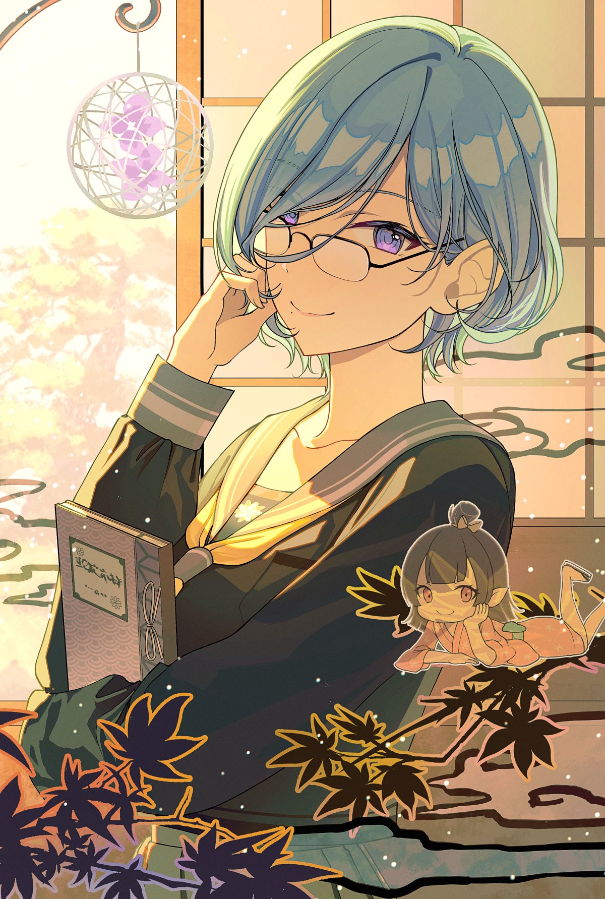 2girls architecture bespectacled black-framed_eyewear black_shirt blue_hair book branch commentary_request day east_asian_architecture ghost glasses grey_sailor_collar highres hinomori_shizuku ichigo_ichie_na_hyakki_yagyou!?_(project_sekai) indoors leaf light_blue_hair liso long_sleeves looking_at_viewer looking_over_eyewear lying multiple_girls neckerchief official_alternate_costume official_alternate_hair_length official_alternate_hairstyle on_back over-rim_eyewear project_sekai sailor_collar semi-rimless_eyewear shirt short_hair shouji sliding_doors smile solo_focus upper_body violet_eyes yellow_neckerchief