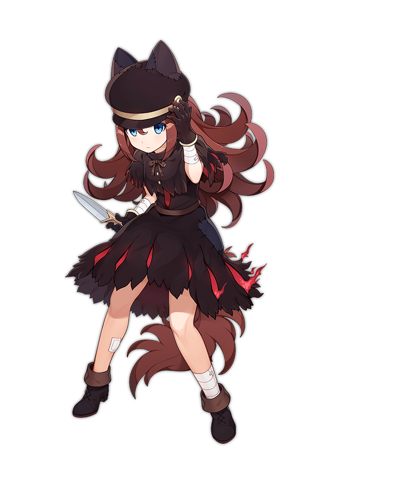 1girl ark_order black_bow black_capelet black_dress black_footwear black_gloves black_hat blue_eyes boots bow brown_hair capelet closed_mouth dagger dress full_body gloves hat hat_with_ears holding holding_dagger holding_knife holding_weapon juliet_sleeves knife lock long_hair long_sleeves looking_at_viewer mtyy official_art peaked_cap puffy_sleeves solo tachi-e tail transparent_background weapon werewolf_(ark_order) wolf_girl wolf_tail