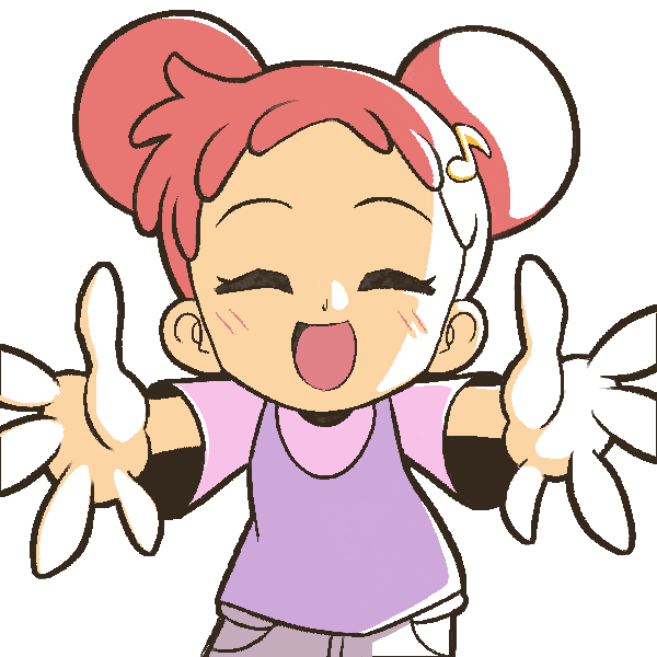 1girl :d ^_^ closed_eyes commentary double_bun english_commentary facing_viewer hair_bun hair_ornament harukaze_doremi incoming_hug musical_note musical_note_hair_ornament ojamajo_doremi open_mouth outstretched_arms pink_footwear purple_shirt reaching reaching_towards_viewer redhead shirt short_bangs short_hair simple_background smile solo spread_arms standing t-shirt theyukkinon white_background