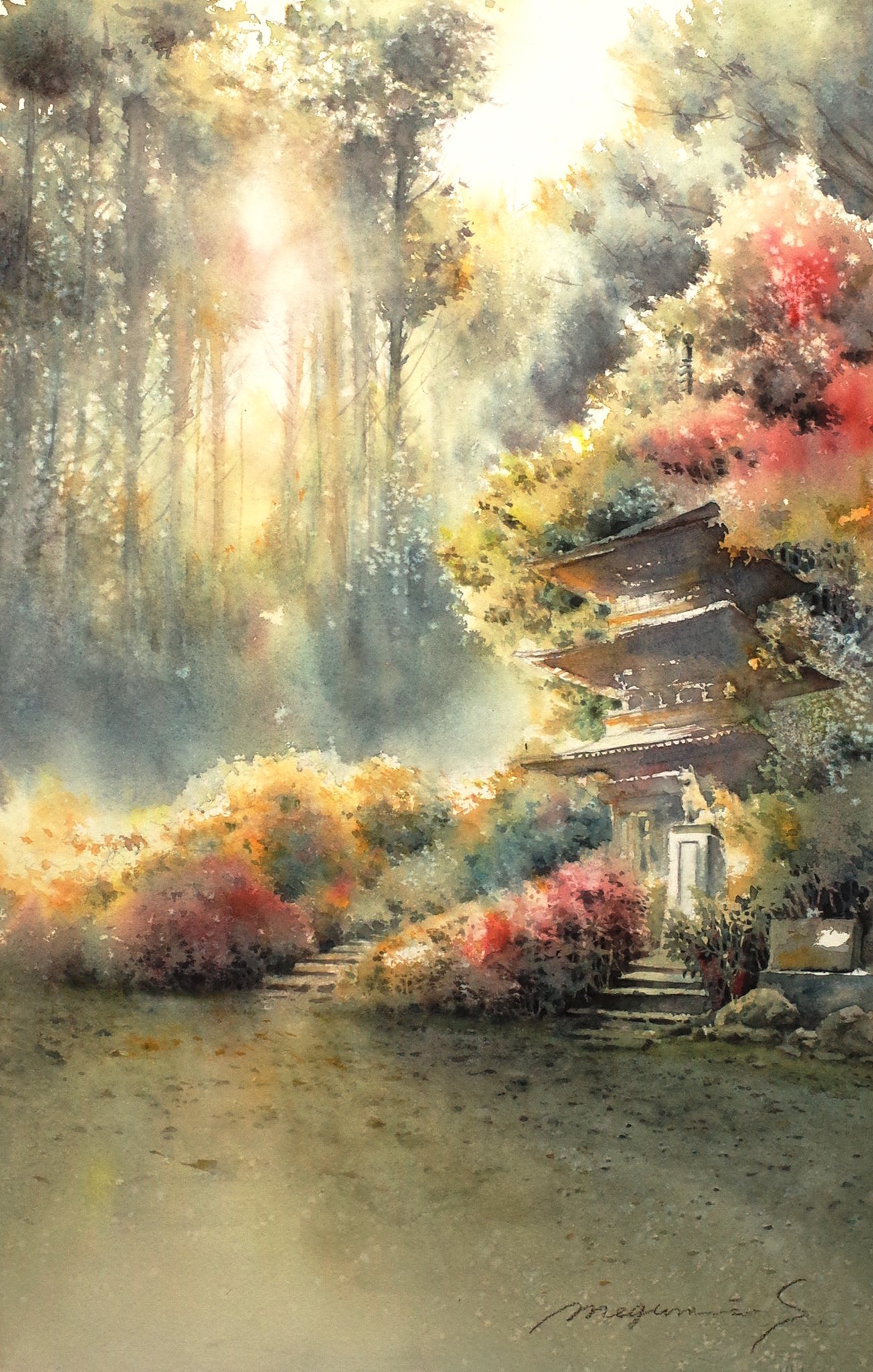 architecture building dappled_sunlight day east_asian_architecture forest highres nature no_humans original painting_(medium) path scenery shadow shimizu_megumi_(m_acquerello) stairs sunlight traditional_media tree tree_shade watercolor_(medium)