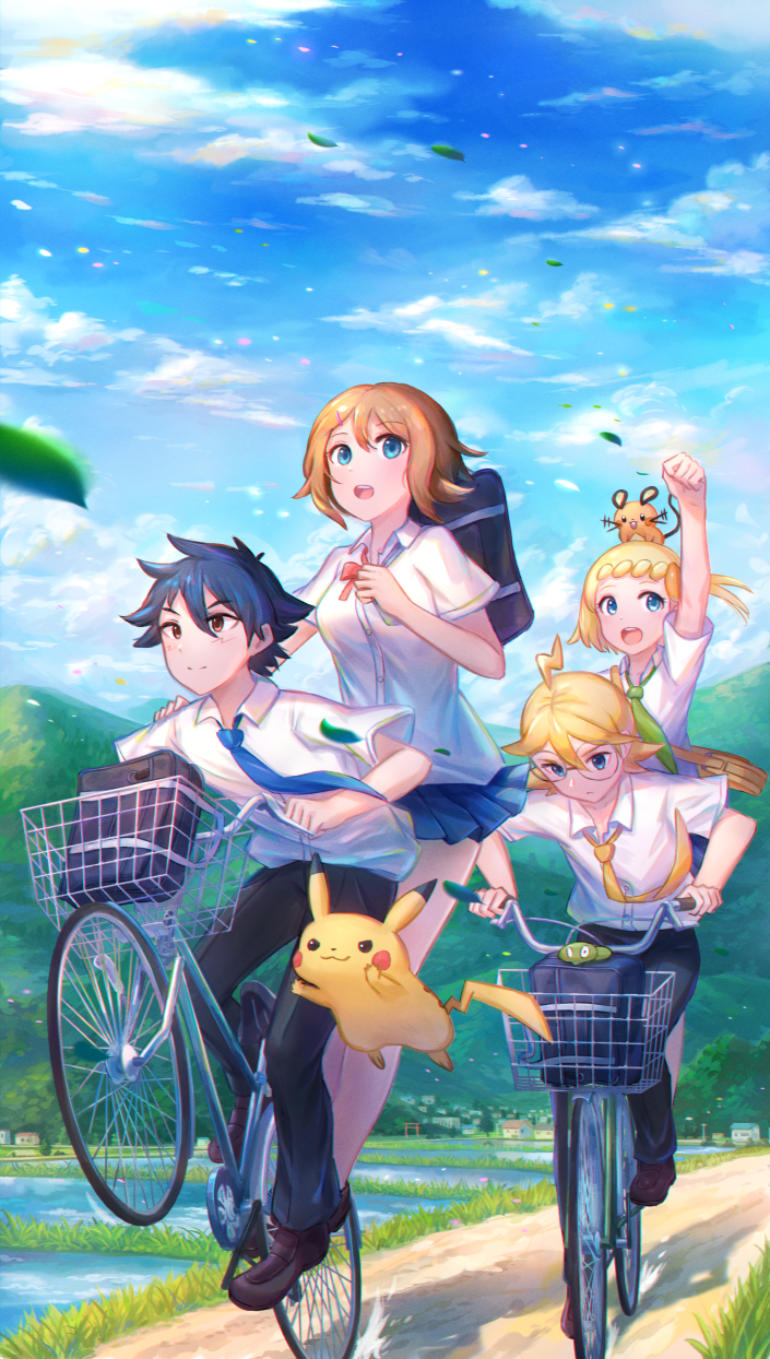 2boys 2girls ahoge alternate_costume arm_up ash_ketchum bicycle black_hair black_pants blue_necktie bonnie_(pokemon) brown_eyes brown_footwear clemont_(pokemon) clenched_hand closed_mouth clouds collared_shirt commentary day dedenne falling_leaves glasses highres holding kutsunohito leaf multiple_boys multiple_girls necktie on_head open_mouth outdoors pants path pikachu pokemon pokemon_(anime) pokemon_(creature) pokemon_on_head pokemon_xy_(anime) rice_paddy riding riding_bicycle round_eyewear serena_(pokemon) shirt shoes short_hair short_sleeves sky white_shirt zygarde zygarde_core