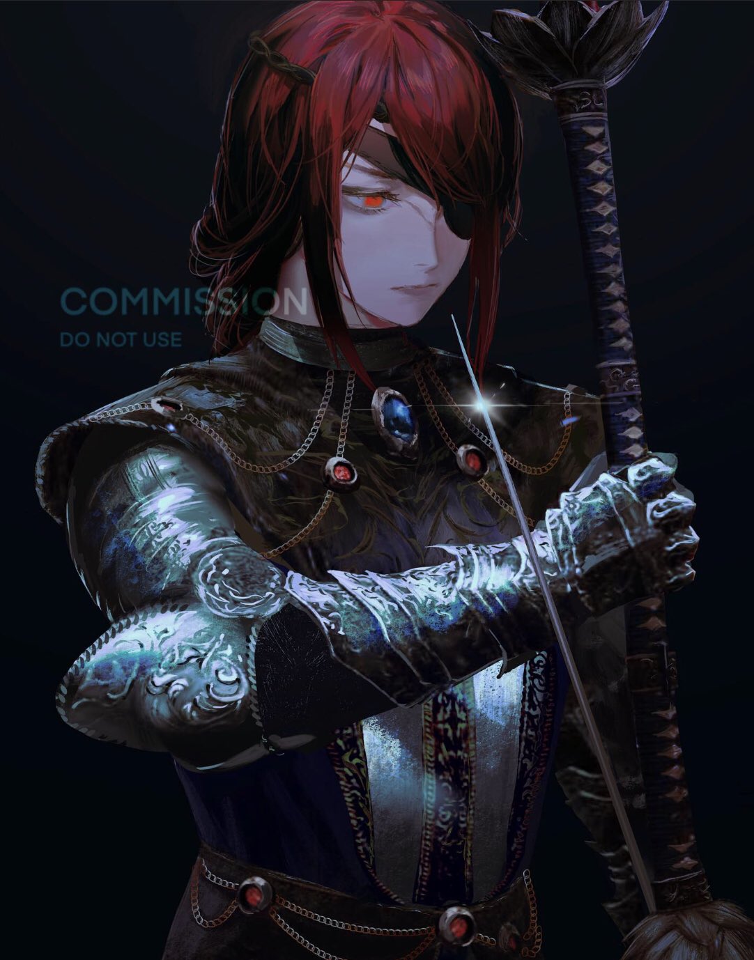 1girl armor blue_gemstone braid breastplate closed_mouth commission copyright_request eyepatch gauntlets gem glint highres holding holding_weapon keibleh long_hair one_eye_covered red_eyes red_gemstone redhead solo upper_body watermark weapon