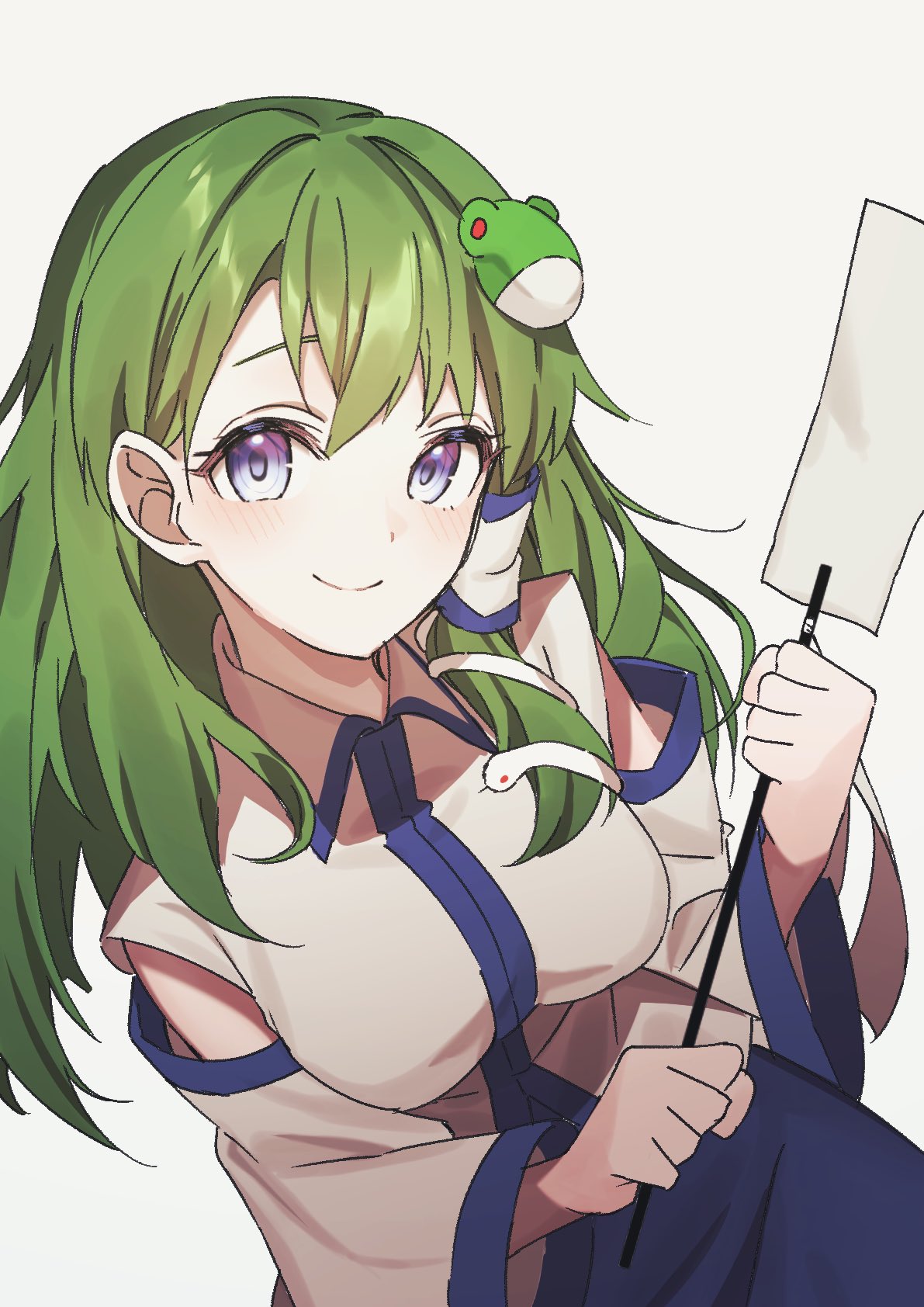1girl bare_shoulders blue_eyes blue_skirt blue_sky breasts closed_mouth collared_shirt commentary_request detached_sleeves frog_hair_ornament gohei green_eyes hair_ornament happy highres holding holding_gohei kochiya_sanae long_hair long_sleeves looking_at_viewer medium_breasts one-hour_drawing_challenge shirt simple_background single_sidelock skirt sky sleeveless sleeveless_shirt smile snake_hair_ornament solo touhou upper_body wanko_sora white_background white_shirt white_sleeves wide_sleeves