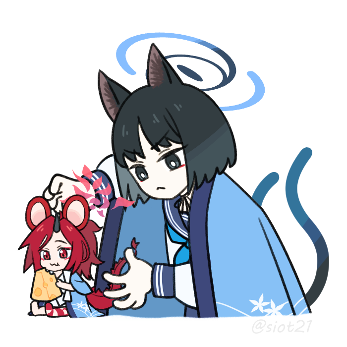 2girls animal_ear_fluff animal_ears black_choker black_eyes black_hair blue_archive blunt_bangs bow_choker cat_ears cat_girl cat_tail cheese choker commentary dragon_girl dragon_horn dragon_tail eating eyeshadow food forehead halo haori holding holding_food horns japanese_clothes kemonomimi_mode kikyou_(blue_archive) leg_tattoo long_hair long_sleeves looking_at_another makeup mildtaste mouse_ears mouse_girl multiple_girls multiple_tails nekomata parody parted_bangs red_eyes red_eyeshadow redhead renge_(blue_archive) school_uniform serafuku short_hair sidelocks simple_background single_horn sitting size_difference smile symbol-only_commentary tail tattoo tom_and_jerry two_tails white_background white_serafuku wide_sleeves