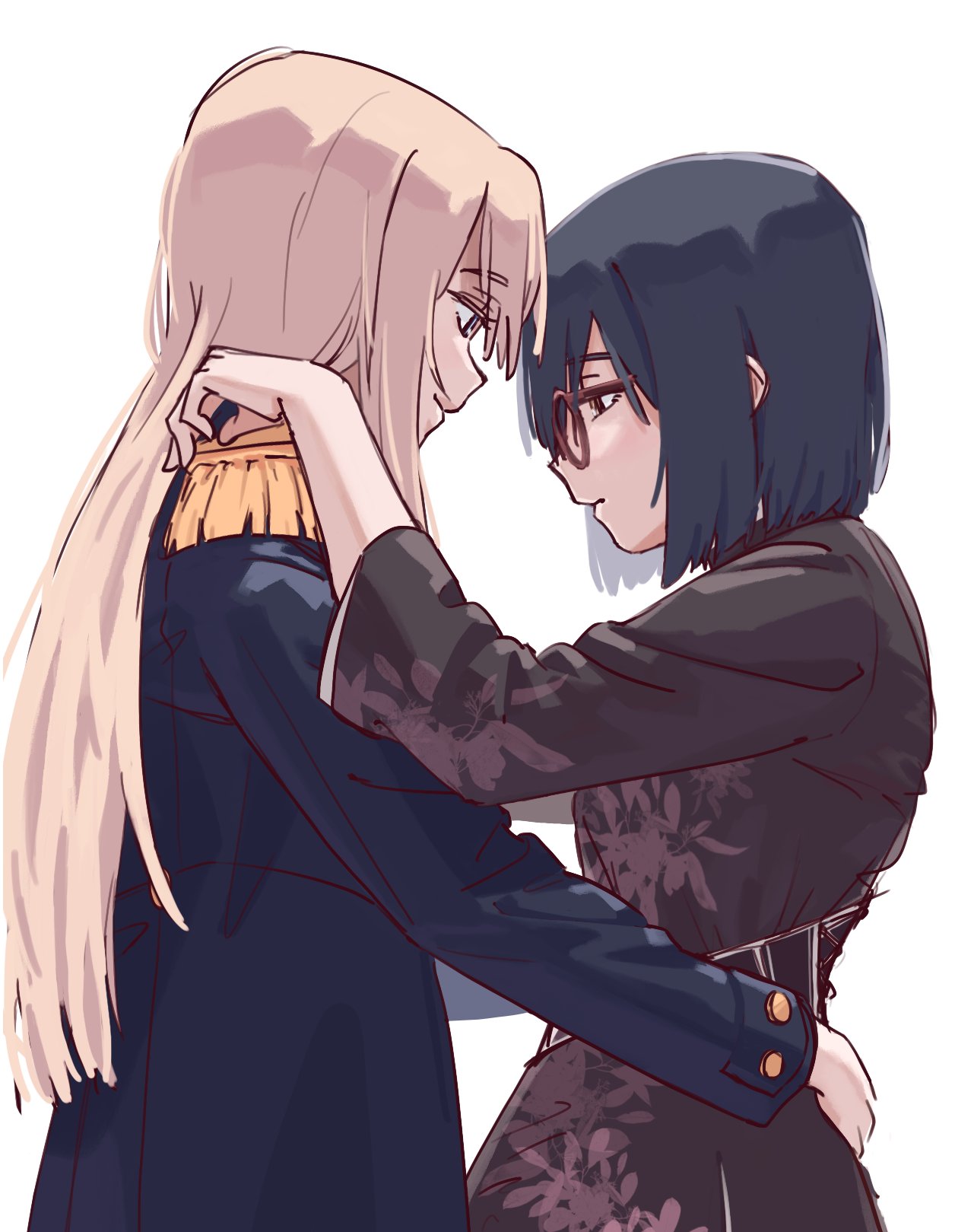 2girls black_dress black_hair blonde_hair blue_coat closed_mouth coat commentary dancing dress egakuning english_commentary epaulettes from_side glasses hand_on_another's_shoulder hand_on_another's_waist highres kamikoshi_sorawo long_hair long_sleeves looking_at_another multiple_girls nishina_toriko photo-referenced profile short_hair simple_background smile urasekai_picnic white_background yuri