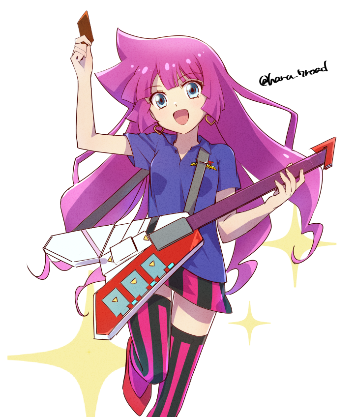 1girl arm_up blue_eyes blue_shirt card duel_disk earrings electric_guitar guitar haru_7road heart heart_earrings holding holding_card holding_guitar holding_instrument instrument jewelry kirishima_romin long_hair looking_at_viewer open_mouth purple_hair shirt simple_background skirt smile sparkle thigh-highs white_background yu-gi-oh! yu-gi-oh!_sevens