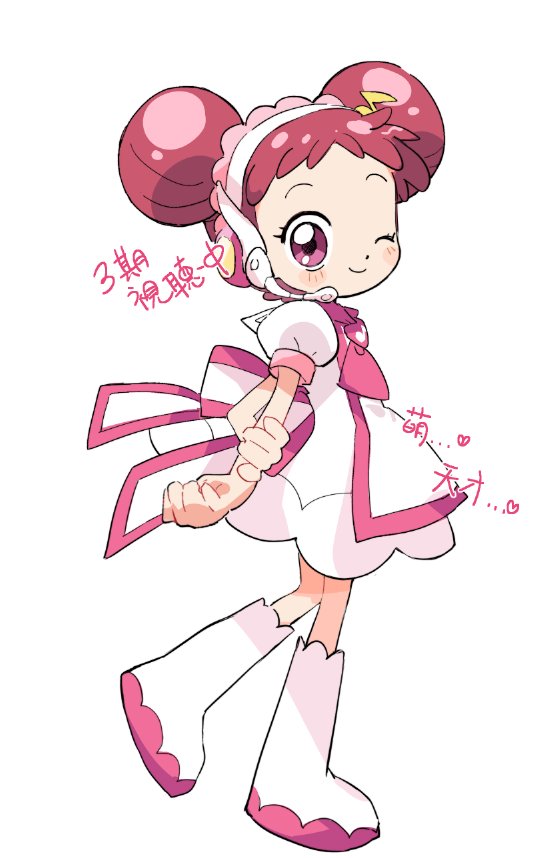 1girl apron asa_yuki523 blush boots closed_mouth double_bun dress full_body hair_bun hair_ornament harukaze_doremi headset knee_boots looking_at_viewer musical_note musical_note_hair_ornament ojamajo_doremi one_eye_closed pink_eyes pink_hair pink_scarf puffy_short_sleeves puffy_sleeves scarf short_hair short_sleeves simple_background smile solo standing translation_request white_apron white_background white_dress white_footwear