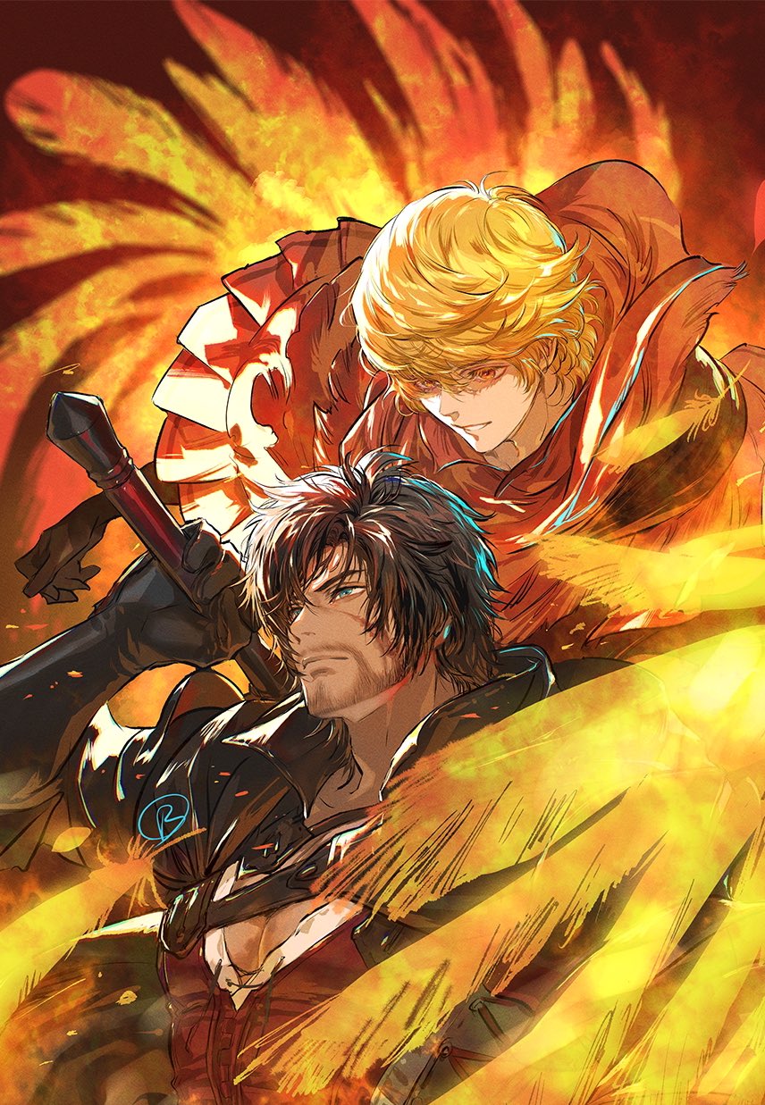 2boys armor beard_stubble black_cape black_gloves black_hair blonde_hair blue_eyes brothers cape chinstrap_beard clive_rosfield closed_mouth commentary facial_hair final_fantasy final_fantasy_xvi fire gloves high_collar highres holding holding_sword holding_weapon joshua_rosfield multiple_boys orange_eyes parted_lips pectorals red_robe robe scar scar_on_face short_hair shoulder_armor siblings strap stubble suzuki_rika sword sword_behind_back symbol-only_commentary weapon