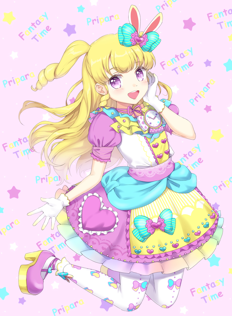 1girl :d animal_ears blonde_hair blue_bow blush bow commentary_request dress frilled_dress frills full_body gloves hair_bow hand_on_own_cheek hand_on_own_face hand_up idol_clothes idol_time_pripara kneeling long_hair looking_at_viewer open_mouth pantyhose pretty_series pripara puffy_short_sleeves puffy_sleeves purple_dress purple_footwear rabbit_ears ringlets shoes short_sleeves smile solo two_side_up unya_(unya-unya) violet_eyes white_gloves white_pantyhose yumekawa_yui