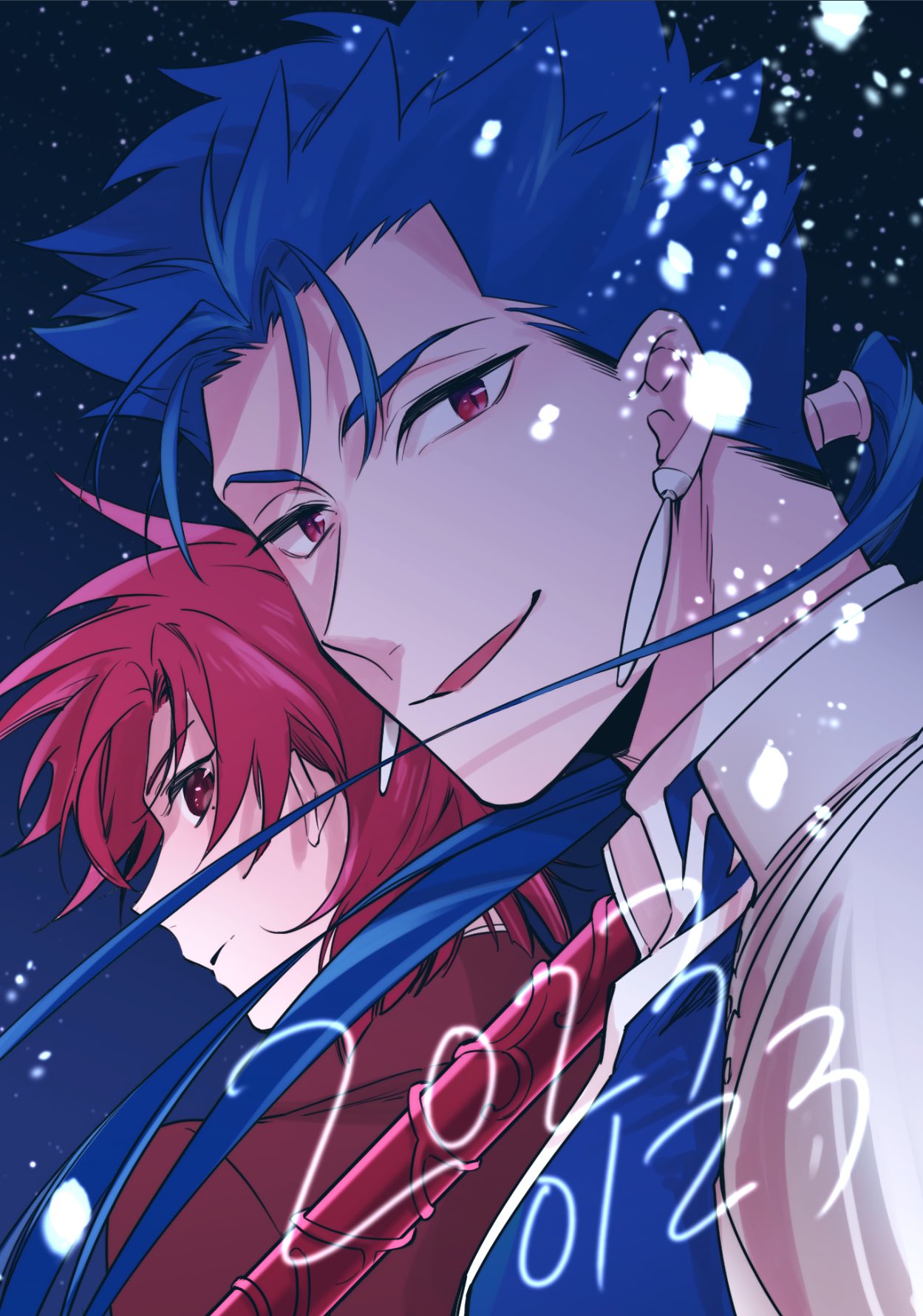 1boy 1girl 2023 armor bazett_fraga_mcremitz black_gloves black_necktie blue_background blue_bodysuit blue_hair bodysuit close-up commentary_request cu_chulainn_(fate) cu_chulainn_(fate/stay_night) dated earrings fate/hollow_ataraxia fate_(series) gae_bolg_(fate) gloves gradient_background highres jacket jewelry looking_at_viewer looking_back necktie no_earrings oekaki-daisuki-dessu ponytail ran_(ran_0605) red_eyes red_jacket redhead short_hair shoulder_armor smile suit weapon