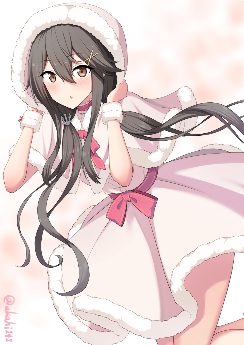 1girl akahi242 alternate_costume black_hair blush brown_eyes capelet dress feet_out_of_frame hair_between_eyes hair_ornament haruna_(kancolle) highres kantai_collection long_hair looking_at_viewer parted_lips solo twitter_username white_capelet white_dress wrist_cuffs x_hair_ornament