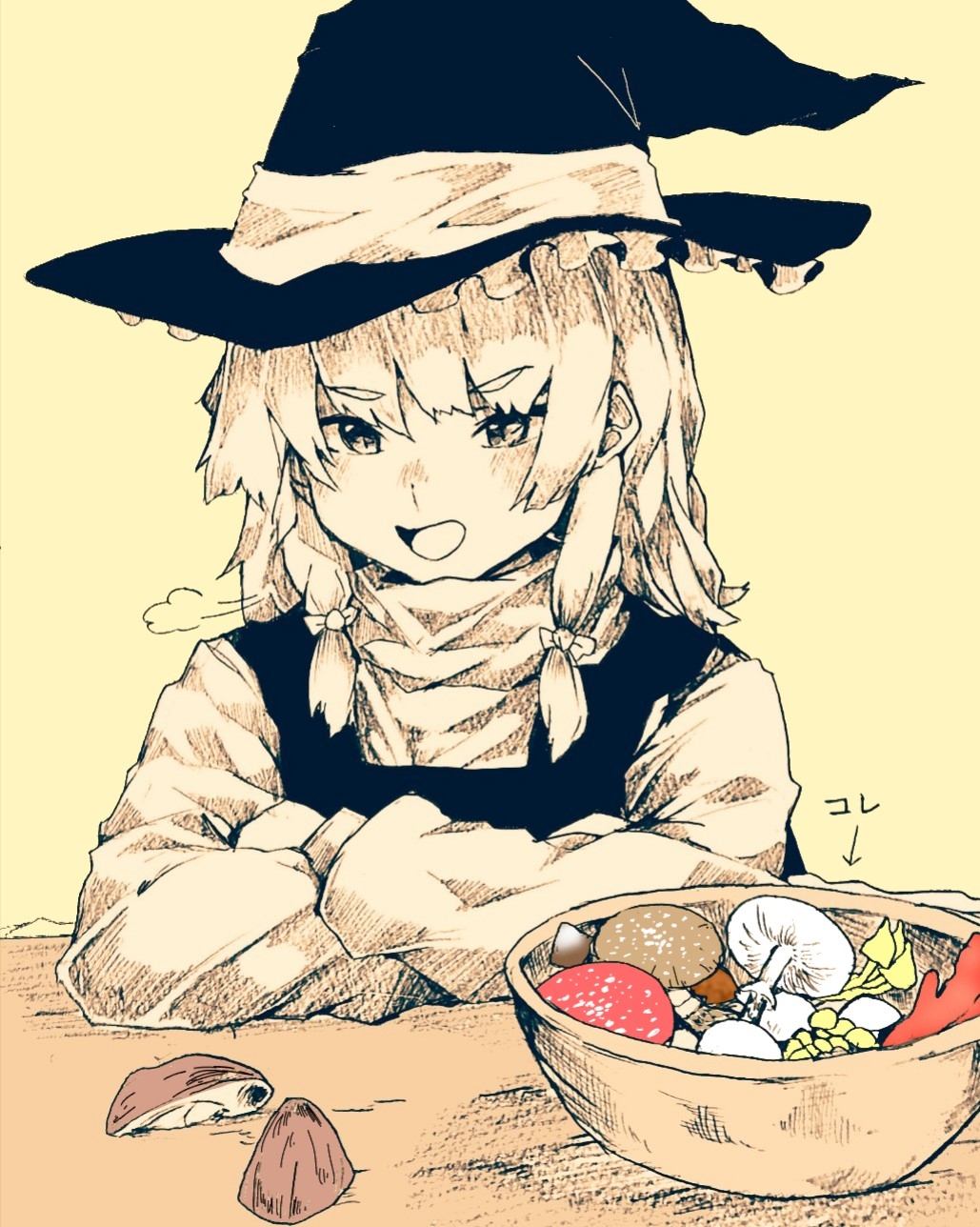 1girl black_vest bowl commentary_request crossed_arms frilled_headwear hair_ribbon hakurou_hokuto hat hatching_(texture) highres kirisame_marisa limited_palette long_hair long_sleeves mushroom open_mouth puff_of_air ribbon shirt smile solo touhou translation_request tress_ribbon turtleneck upper_body vest witch_hat yellow_background