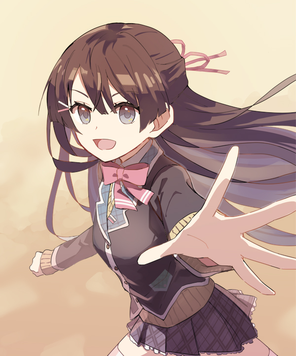 1girl :d black_jacket black_skirt blazer blue_eyes bow bowtie brown_hair collared_shirt cowboy_shot floating_hair hair_between_eyes half_updo jacket long_hair long_sleeves looking_at_viewer miniskirt nijisanji open_hand open_mouth outstretched_arm pink_bow pink_bowtie pink_ribbon pleated_skirt ribbon shirt sidelocks skirt smile solo sou_(tuhut) straight_hair sweater thigh-highs tsukino_mito virtual_youtuber white_shirt white_thighhighs yellow_sweater