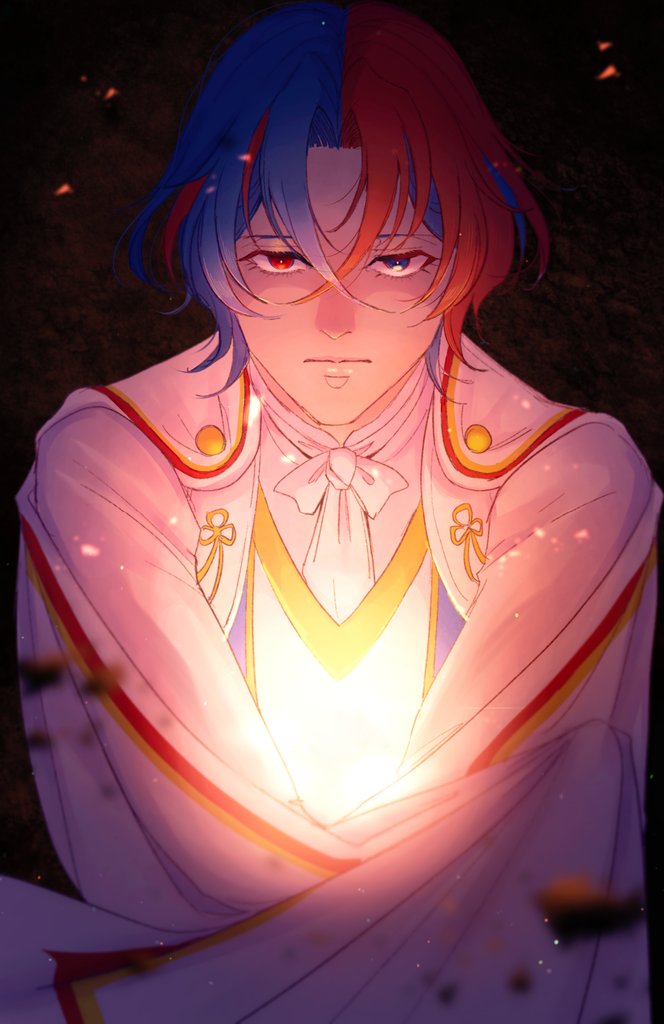1girl alear_(fire_emblem) alear_(male)_(fire_emblem) blue_eyes blue_hair crossed_bangs fire_emblem fire_emblem_engage heterochromia looking_at_viewer moretemath multicolored_hair red_eyes redhead solo split-color_hair two-tone_hair