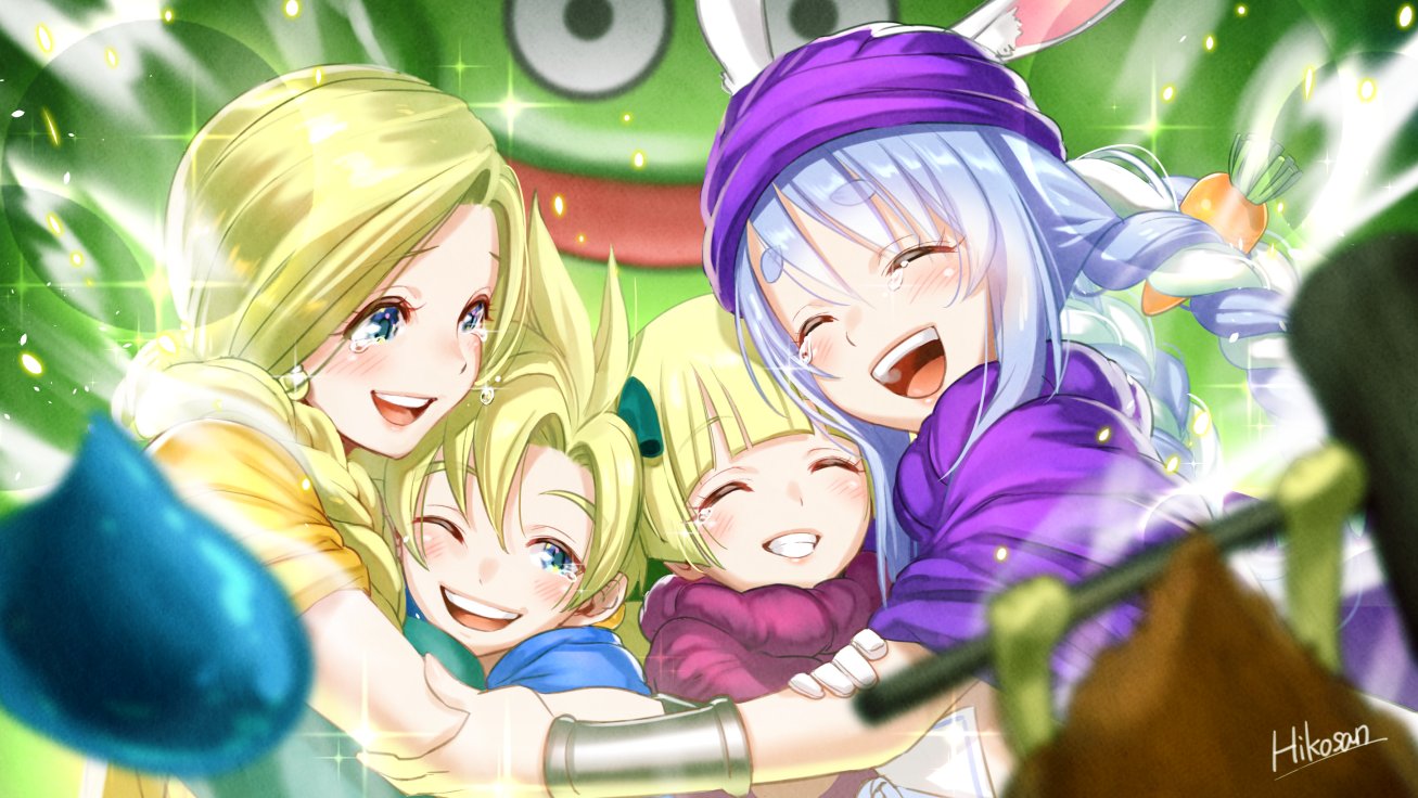 1boy 3girls animal_ears artist_name bianca_(dq5) blonde_hair blue_cape blue_eyes blue_hair blunt_bangs blurry blurry_foreground blush bow bracelet braid cape carrot_hair_ornament cloak closed_eyes commentary_request cosplay dragon_quest dragon_quest_v dress earrings family father_and_daughter father_and_son food-themed_hair_ornament gloves green_bow green_dress hair_bow hair_ornament hammerhood_(dragon_quest) hand_on_another's_arm happy happy_tears heads_together hero's_daughter_(dq5) hero's_son_(dq5) hero_(dq5) hero_(dq5)_(cosplay) hikosan hug jewelry king_cureslime light_particles long_hair looking_at_another mother_and_daughter mother_and_son multicolored_hair multiple_girls one_eye_closed open_mouth orange_cape parted_lips pink_cloak purple_cloak purple_hat rabbit_ears short_hair single_braid slime_(dragon_quest) smile sparkle spiky_hair tears teeth turban twin_braids two-tone_hair upper_body upper_teeth_only usada_pekora white_gloves white_hair