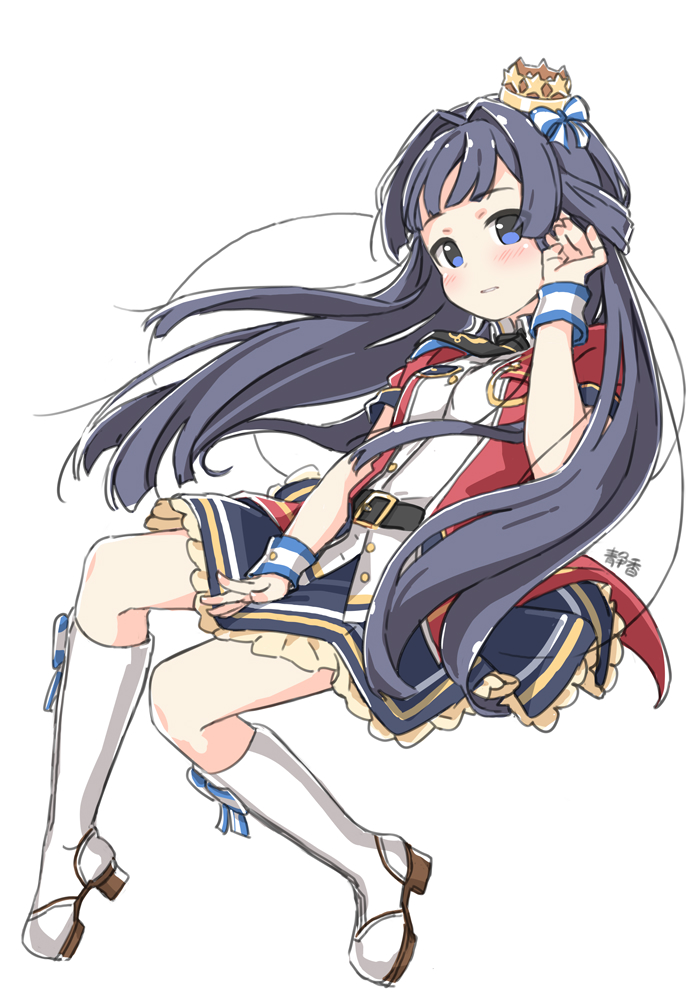 1girl belt belt_buckle black_belt black_hair blue_eyes blunt_bangs boots breasts buckle character_name collared_shirt crown frilled_skirt frills full_body hair_ribbon hand_on_own_ear hand_on_own_thigh idolmaster idolmaster_million_live! idolmaster_million_live!_theater_days kuresuku_(lessons) long_hair mini_crown mogami_shizuka official_alternate_costume ribbon shirt short_sleeves sidelocks simple_background skirt small_breasts solo straight_hair very_long_hair white_background white_footwear wind wind_lift wrist_cuffs