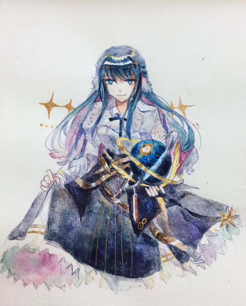 1girl 21scorpii arknights belt black_hair blue_bow blue_bowtie blue_eyes blue_skirt bow bowtie braid bright_pupils brown_belt character_request closed_mouth collared_shirt colored_inner_hair commentary_request cropped_legs crossed_belts feather_hair_ornament feathers fingernails hair_ornament high-waist_skirt holding juliet_sleeves lace_sleeves long_sleeves looking_at_viewer multicolored_hair multiple_belts painting_(medium) photo_(medium) pink_hair puffy_sleeves shirt side_braids sidelocks skirt skirt_hold smile solo star_(symbol) straight_hair striped_clothes striped_skirt traditional_media vertical-striped_clothes vertical-striped_skirt watercolor_(medium) white_pupils white_shirt white_sleeves