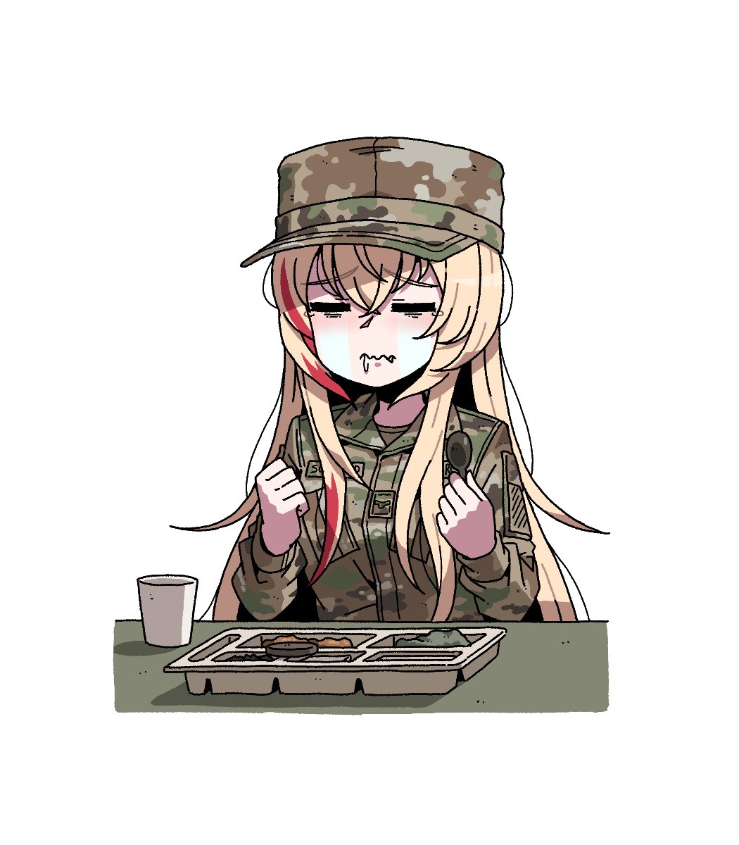 1girl camouflage camouflage_jacket closed_eyes crying cup eating food girls_frontline hat highres holding holding_spoon jacket karepack long_hair lunch m4_sopmod_ii_(girls'_frontline) military_hat military_uniform solo spoon tears uniform