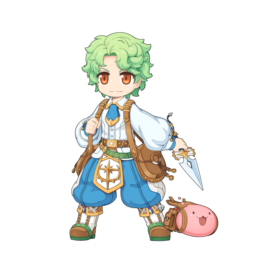 1boy :3 backpack bag bag_charm belt blue_necktie blue_pants boots brown_bag brown_belt charm_(object) chibi collared_shirt colored_shoe_soles curly_hair dagger fold-over_boots food full_body gold_trim green_belt green_hair holding holding_dagger holding_knife holding_weapon hyper_novice_(ragnarok_online) knife long_sleeves looking_at_viewer male_focus medium_bangs necktie official_art orange_eyes pants pants_tucked_in parted_bangs poring puffy_long_sleeves puffy_sleeves ragnarok_online shirt short_hair short_necktie simple_background slime_(creature) smile solo standing studded_belt tachi-e transparent_background v-shaped_eyebrows weapon white_footwear white_shirt yuichirou