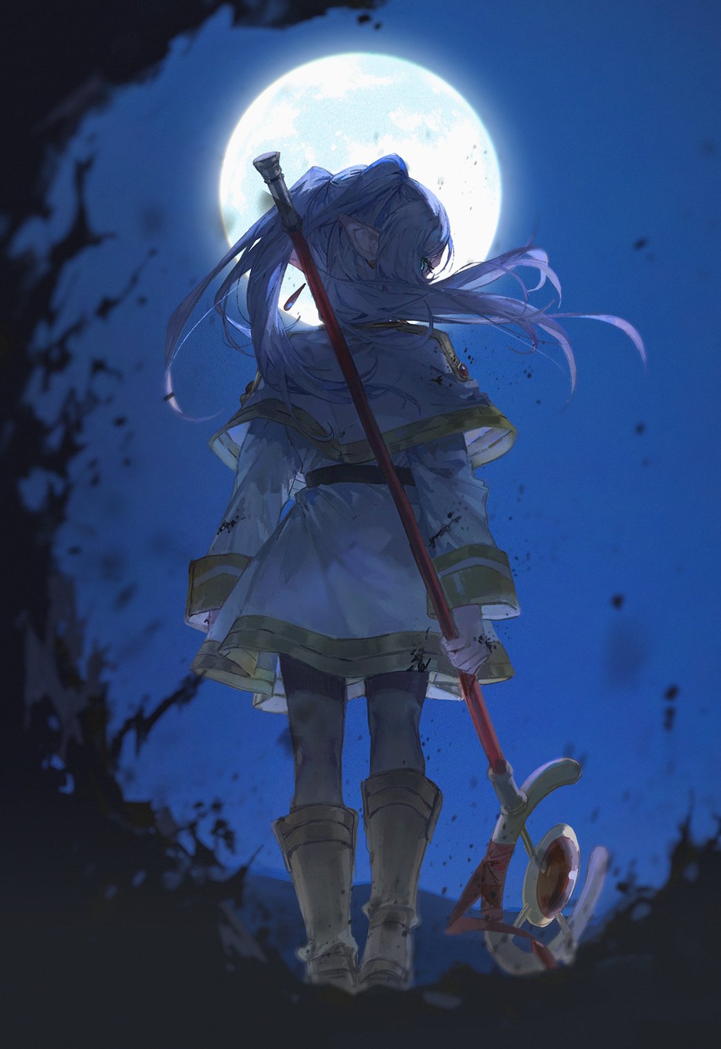 1girl blurry blurry_foreground brown_footwear capelet dangle_earrings drop_earrings earrings elf frieren from_behind green_eyes highres holding holding_staff jewelry looking_back mage_staff moon night night_sky pointy_ears quasarcake sky solo sousou_no_frieren staff twintails white_capelet white_hair