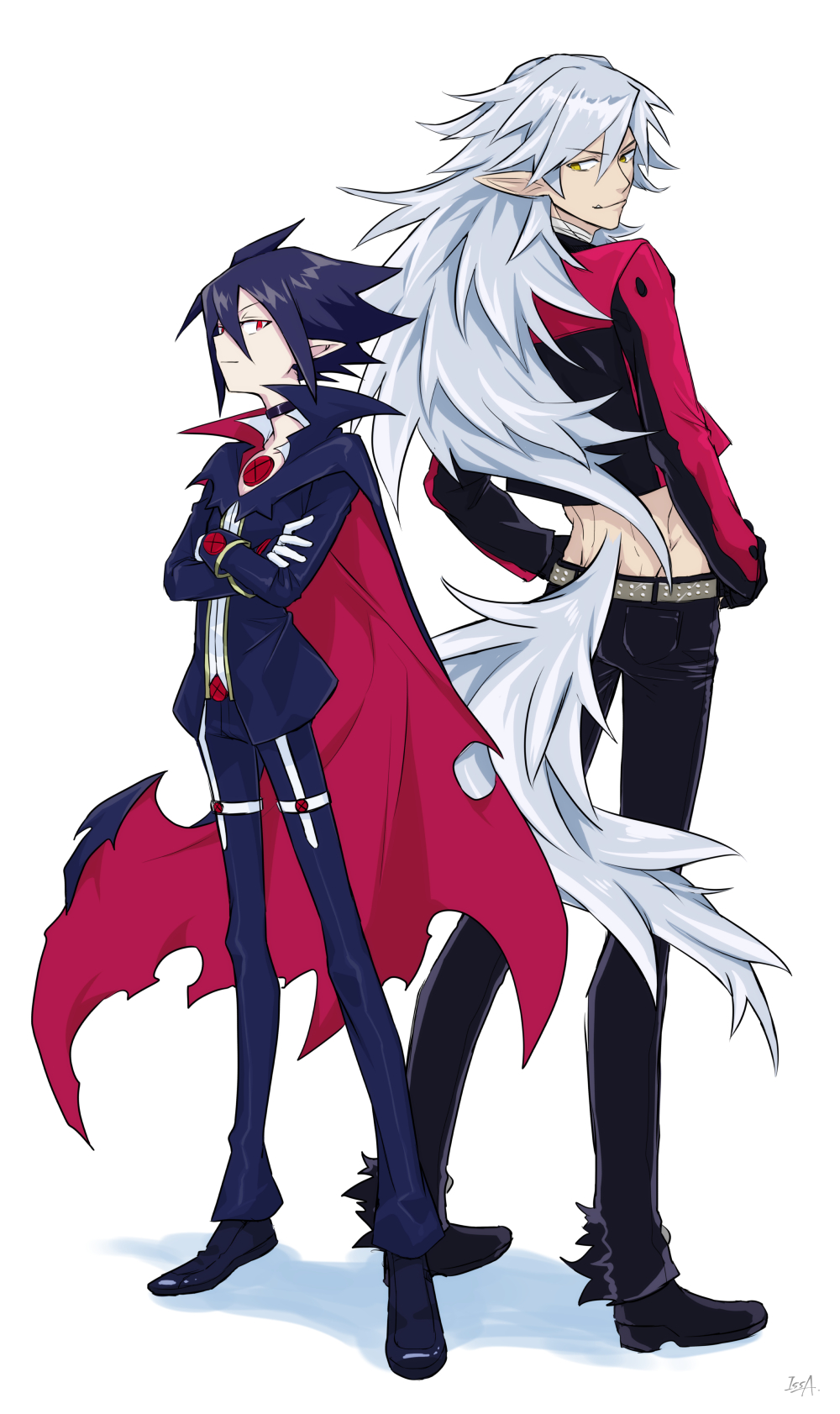 2boys cape crossed_arms disgaea fenrich_(disgaea) full_body gloves hair_between_eyes height_difference highres issa_(sorako45) long_hair makai_senki_disgaea_4 male_focus multiple_boys pants pointy_ears red_eyes shoes tail valvatorez_(disgaea) werewolf white_background white_gloves wolf_tail