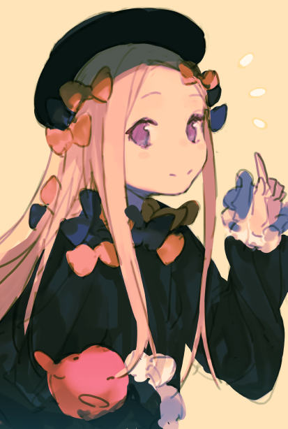 1girl abigail_williams_(fate) bad_id bad_pixiv_id black_bow black_dress black_hat blonde_hair bow brown_background closed_mouth dress fate/grand_order fate_(series) fifuth forehead hair_bow hand_up hat holding holding_stuffed_toy index_finger_raised long_hair long_sleeves looking_at_viewer multiple_hair_bows orange_bow parted_bangs simple_background sketch sleeves_past_wrists smile solo stuffed_animal stuffed_toy teddy_bear upper_body very_long_hair violet_eyes yellow_background