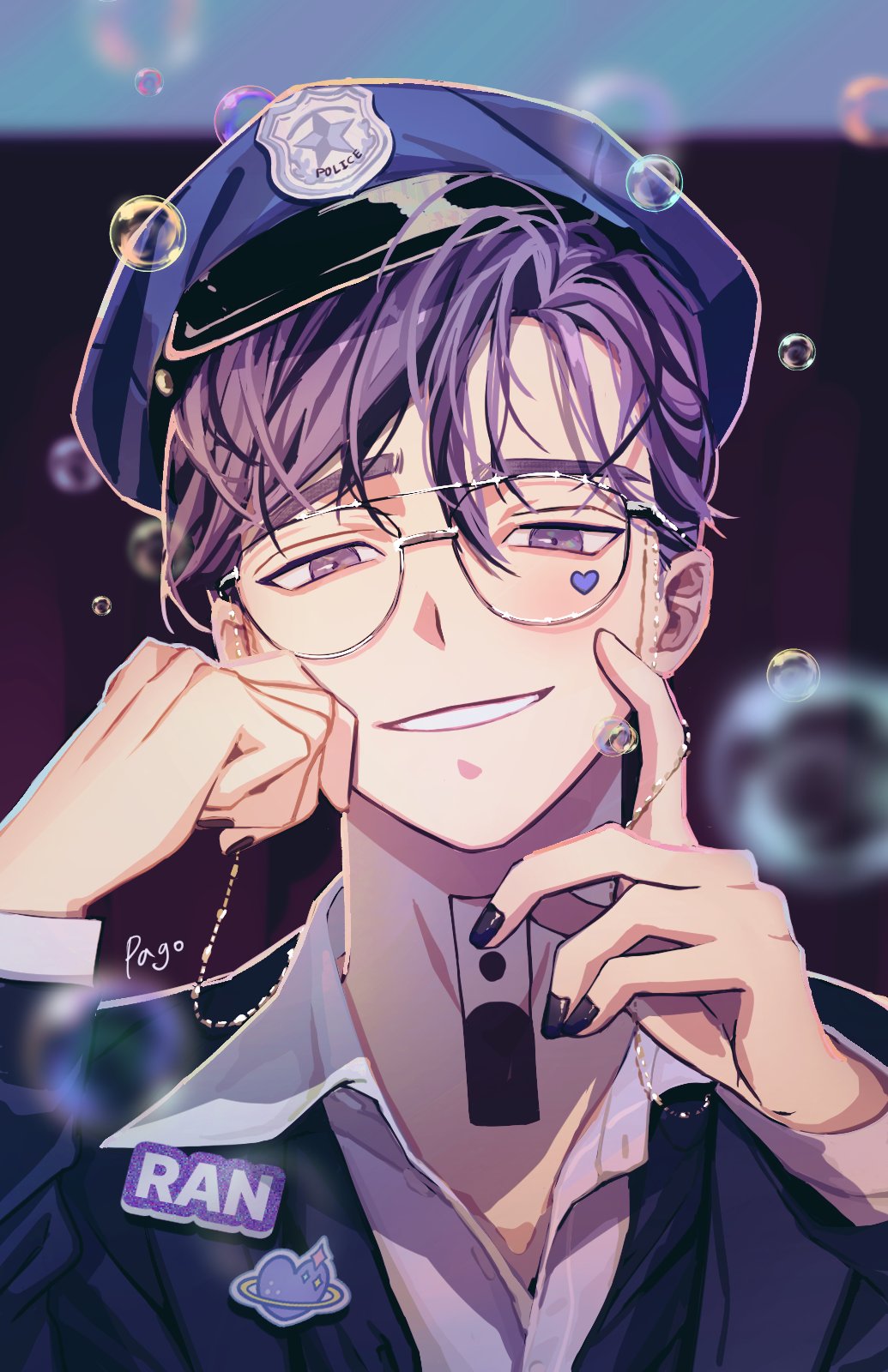 1boy black_nails bubble glasses haitani_ran hand_up hat highres idol looking_at_viewer male_focus multicolored_hair name_tag neck_tattoo pago0024 police police_hat police_uniform purple_hair shirt smirk sticker_on_face tattoo tokyo_revengers two-tone_hair uniform violet_eyes white_shirt