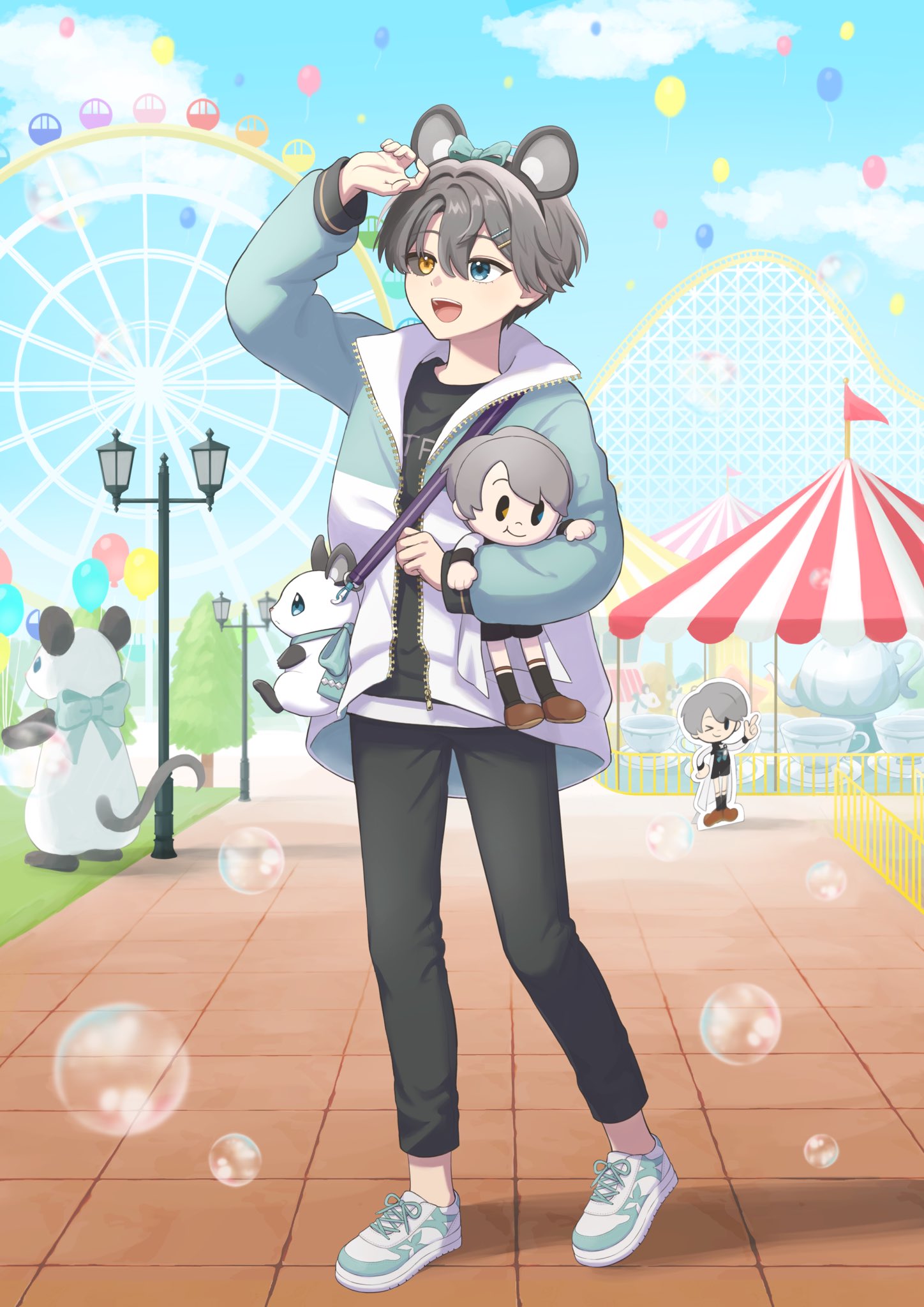 1boy :d amusement_park animal_bag animal_ears arm_up bag balloon black_pants black_sclera black_skirt blue_eyes blue_jacket blue_sky brick_floor bubble character_doll clouds colored_sclera doll fake_animal_ears ferris_wheel full_body grass grey_hair hair_ornament hairclip hand_up heterochromia highres holding holding_doll jacket lamppost long_sleeves looking_afar mismatched_sclera mouse_ears open_clothes open_jacket outdoors panri pants puffy_long_sleeves puffy_sleeves reverse:1999 roller_coaster shoes short_hair shoulder_bag skirt sky smile sneakers solo spinning_teacup standing teeth tree upper_teeth_only white_footwear x_(reverse:1999) yellow_eyes zipper