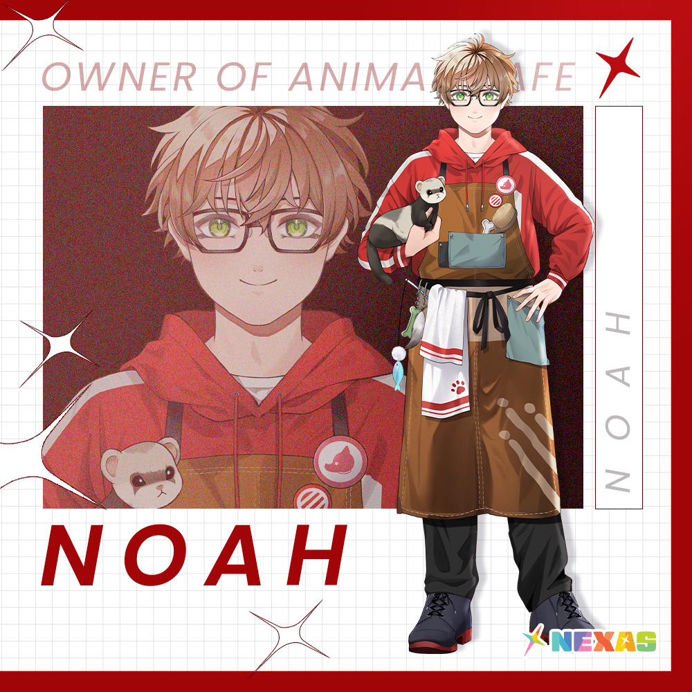 1boy animal black-framed_eyewear black_footwear black_pants boots brown_hair brown_overalls character_name charm_(object) closed_mouth commentary english_commentary english_text full_body glasses green_eyes grid hair_between_eyes hand_on_own_hip holding holding_animal hood hoodie logo male_focus nexas_(vtuber_agency) no_1pafu noah_(nexas) official_art overalls pants paw_print pin red_hoodie shirt standing towel virtual_youtuber white_shirt