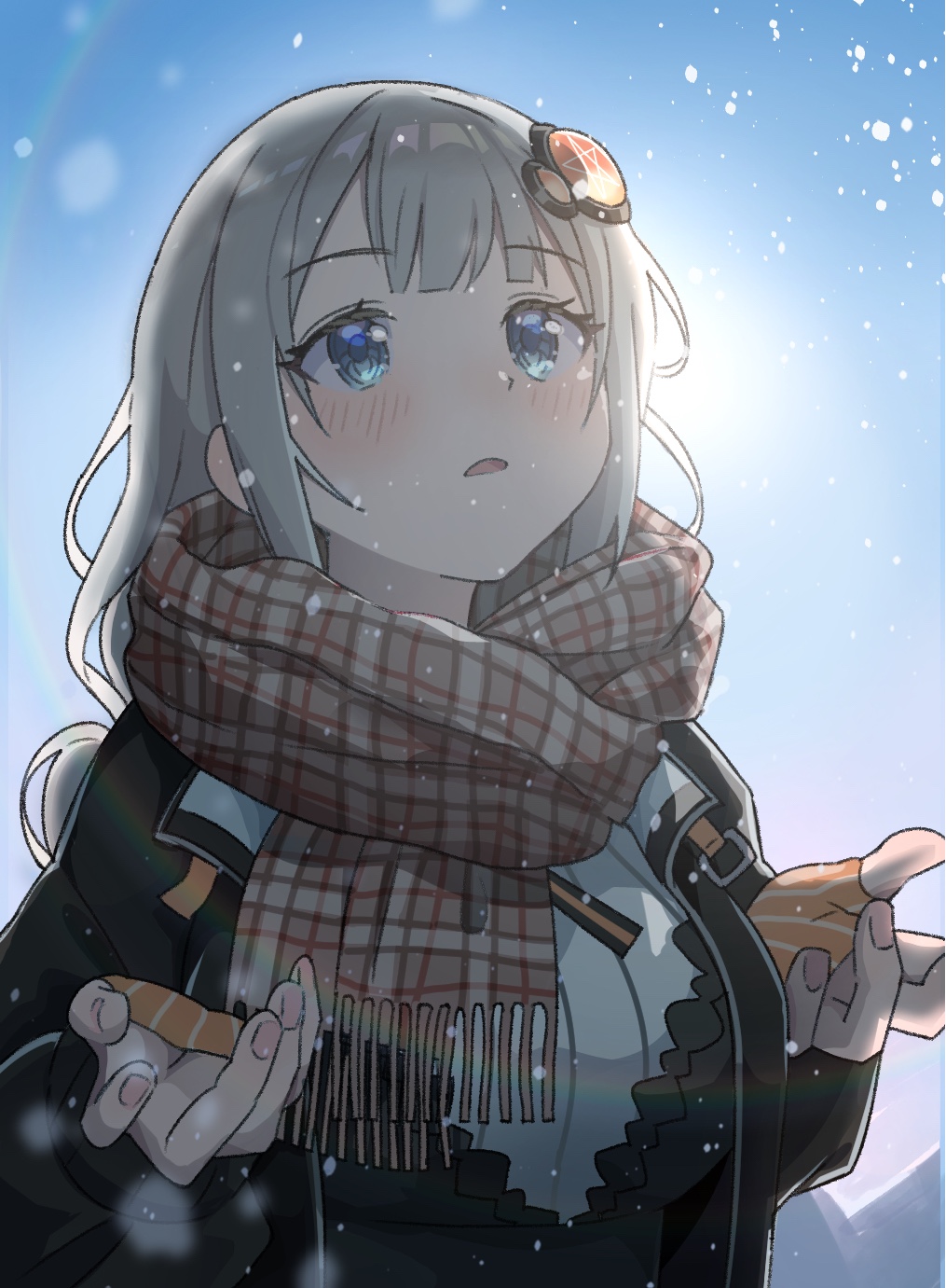 1girl black_jacket blue_eyes blue_sky brown_scarf commentary day fingerless_gloves fingernails gloves grey_hair hair_ornament hidakaui highres jacket kizuna_akari long_hair long_sleeves looking_up open_clothes open_jacket orange_gloves outdoors parted_lips plaid plaid_scarf scarf sky snowing solo striped_clothes striped_gloves upper_body vocaloid voiceroid