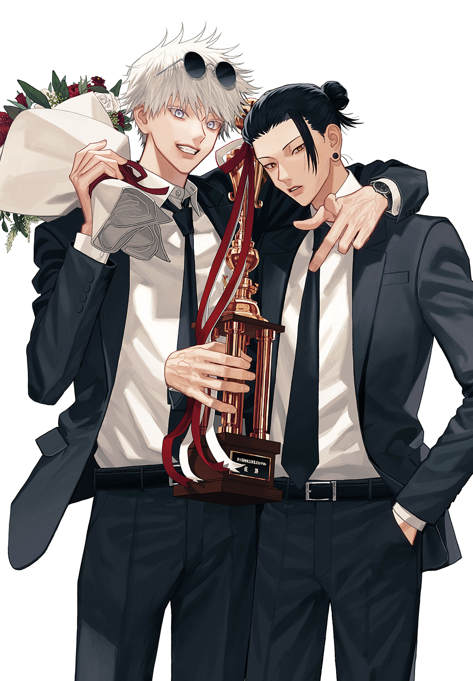 2boys alternate_costume arm_around_neck belt black_belt black_hair black_jacket black_necktie black_suit bouquet brown_eyes carrying_over_shoulder clenched_teeth commentary_request dress_pants dress_shirt earrings eyewear_on_head feet_out_of_frame flower getou_suguru ggss_cc gojou_satoru grin hair_bun hand_in_pocket highres holding holding_bouquet holding_trophy jacket jewelry jujutsu_kaisen korean_commentary looking_at_viewer loose_hair_strand male_focus medium_hair multiple_boys necktie pointing red_flower red_rose rose round_eyewear shirt shirt_tucked_in short_hair simple_background smile stud_earrings suit suit_jacket sunglasses teeth trophy watch watch white_background white_eyelashes white_eyes white_flower white_hair white_rose white_shirt