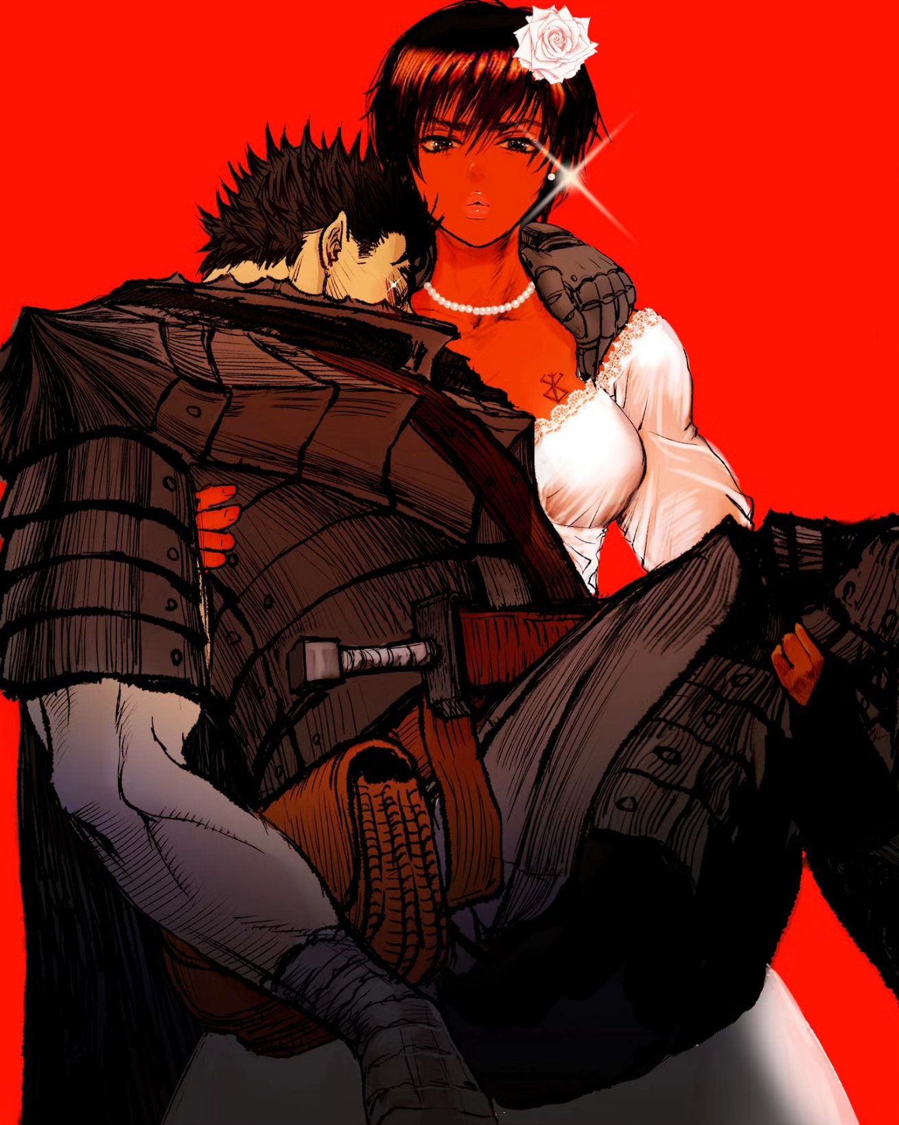 1boy 1girl arm_wrap armor bead_necklace beads belt_pouch berserk berserker_armor black_hair blue_eyes brand_of_sacrifice breasts bride carrying casca_(berserk) chest_tattoo cowboy_shot dark-skinned_female dark_skin dress earrings english_commentary flower gauntlets glint guts_(berserk) hair_flower hair_ornament hand_on_another's_shoulder highres jewelry lace-trimmed_dress lace_trim looking_at_viewer necklace nisino2222 pouch princess_carry puckered_lips red_background role_reversal rose short_hair simple_background sword tattoo unconscious weapon wedding_dress white_flower white_rose