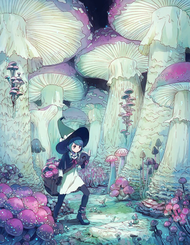 1girl akiyama_enma bag bioluminescence blue_hair book bow collared_dress commentary_request dress giant_mushroom gloves glowing hat hat_bow holding holding_book long_sleeves medium_hair mushroom nature night open_book original outdoors pantyhose reading shoes sneakers solo standing white_bow white_dress wide_shot witch witch_hat