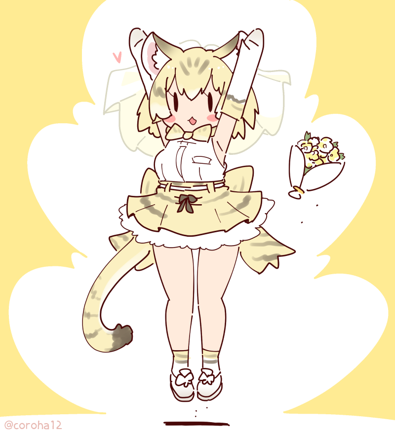 1girl animal_ears arms_up blonde_hair bow bowtie cat_ears cat_girl cat_tail coroha elbow_gloves extra_ears flower full_body gloves jumping kemono_friends looking_at_viewer sand_cat_(kemono_friends) shirt shoes short_hair simple_background skirt sleeveless sleeveless_shirt socks solo tail yellow_background
