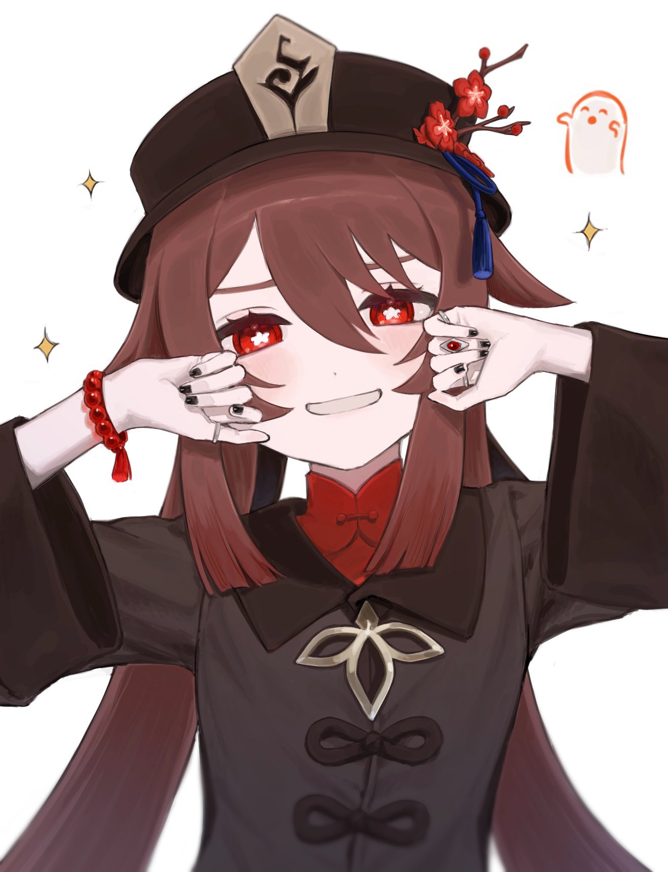 1girl bead_bracelet beads black_hat black_nails blush boo_tao_(genshin_impact) bracelet brown_hair flower flower-shaped_pupils genshin_impact ghost grin hair_between_eyes hat hat_flower highres hu_tao_(genshin_impact) io_spr jewelry long_hair looking_at_viewer multiple_rings nail_polish red_eyes red_flower ring simple_background smile solo sparkle symbol-shaped_pupils twintails upper_body very_long_hair white_background