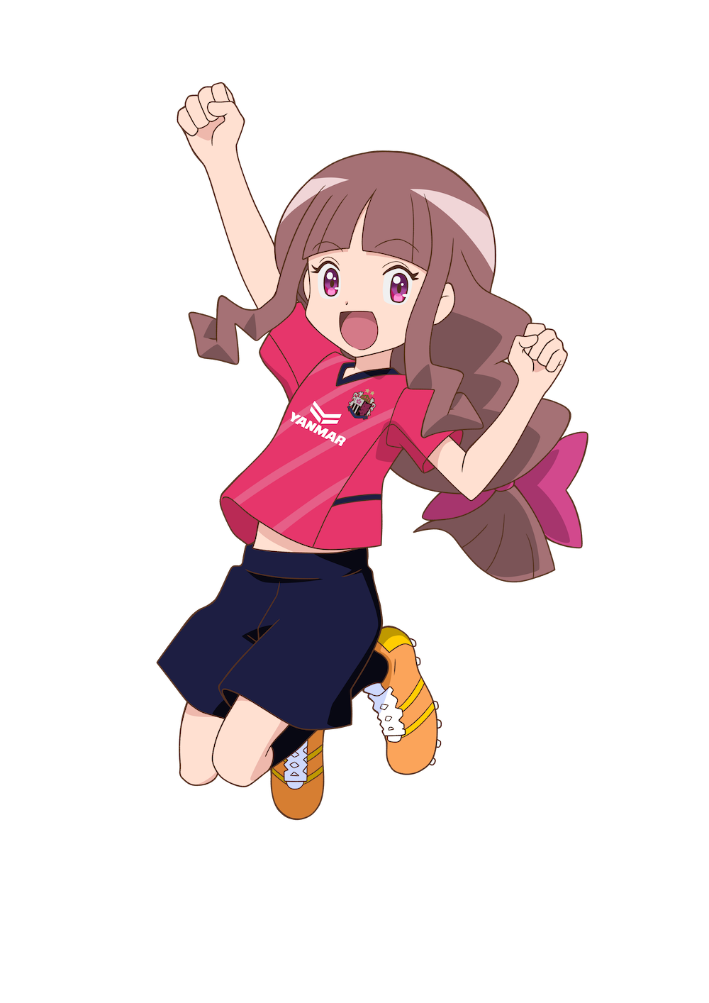 1girl airborne archived_source black_shorts black_socks bow cerezo_osaka cleats clenched_hands clothes_writing diagonal-striped_shirt digimon digimon_ghost_game hair_bow highres kneehighs long_hair looking_at_viewer official_art orange_footwear pink_bow pink_shirt shirt shorts sidelocks simple_background smile soccer_uniform socks solo sportswear tongue transparent_background tsukiyono_ruli two-tone_footwear violet_eyes yellow_footwear