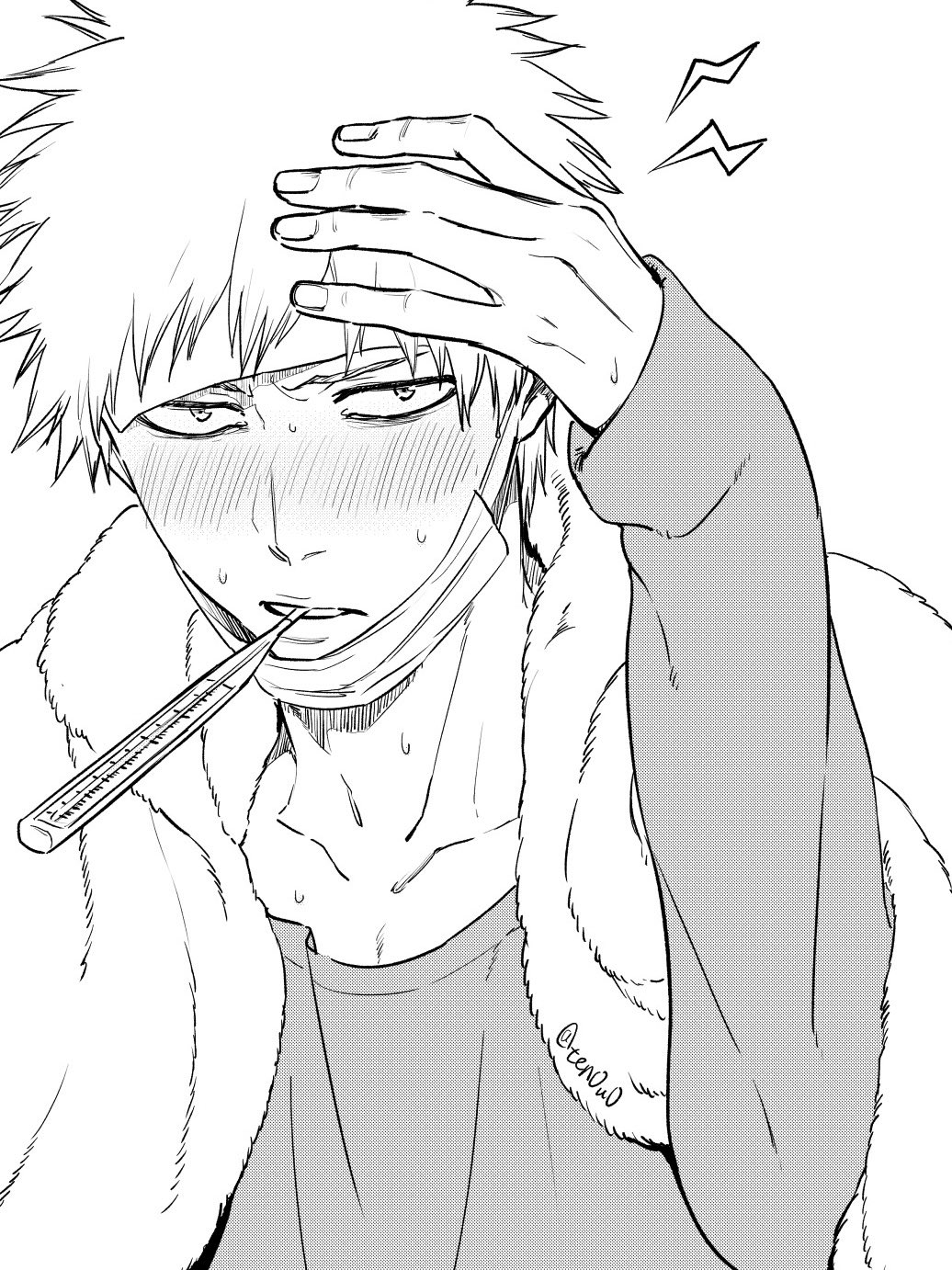 1boy blanket bleach blush close-up collarbone halftone hand_on_own_head highres kurosaki_ichigo long_sleeves looking_at_viewer male_focus mask monochrome mouth_mask sick signature solo spiky_hair sweat ten0u0 thermometer towel towel_on_head white_background