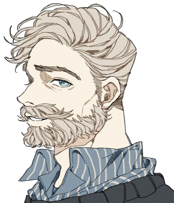 1boy beard blue_eyes collared_shirt facial_hair from_side full_beard light_brown_hair light_smile looking_at_viewer male_focus mature_male original portrait profile shirt sideburns_stubble solo stubble thick_beard thick_eyebrows thick_mustache where_hao