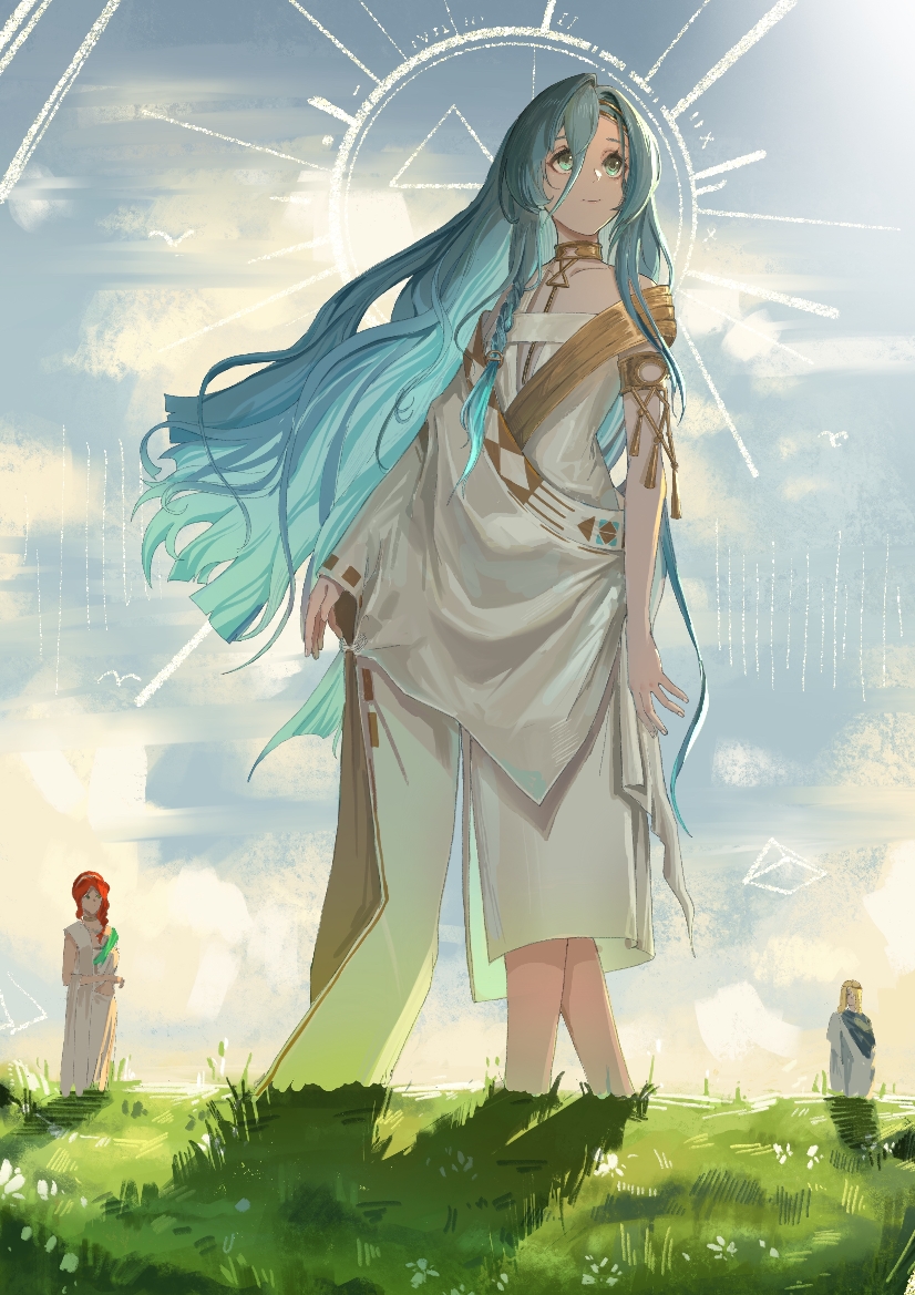 1girl 2boys 2girls ancient_greek_clothes aqua_eyes aqua_hair armlet blue_hair blue_sky character_request clouds day dress feet_out_of_frame gold_choker gold_trim grass greco-roman_clothes green_eyes hair_between_eyes holding long_hair looking_up multiple_boys multiple_girls outdoors redhead reverse:1999 robe shadow sky smile solo_focus standing sunlight toga triangle very_long_hair white_dress white_robe zilia