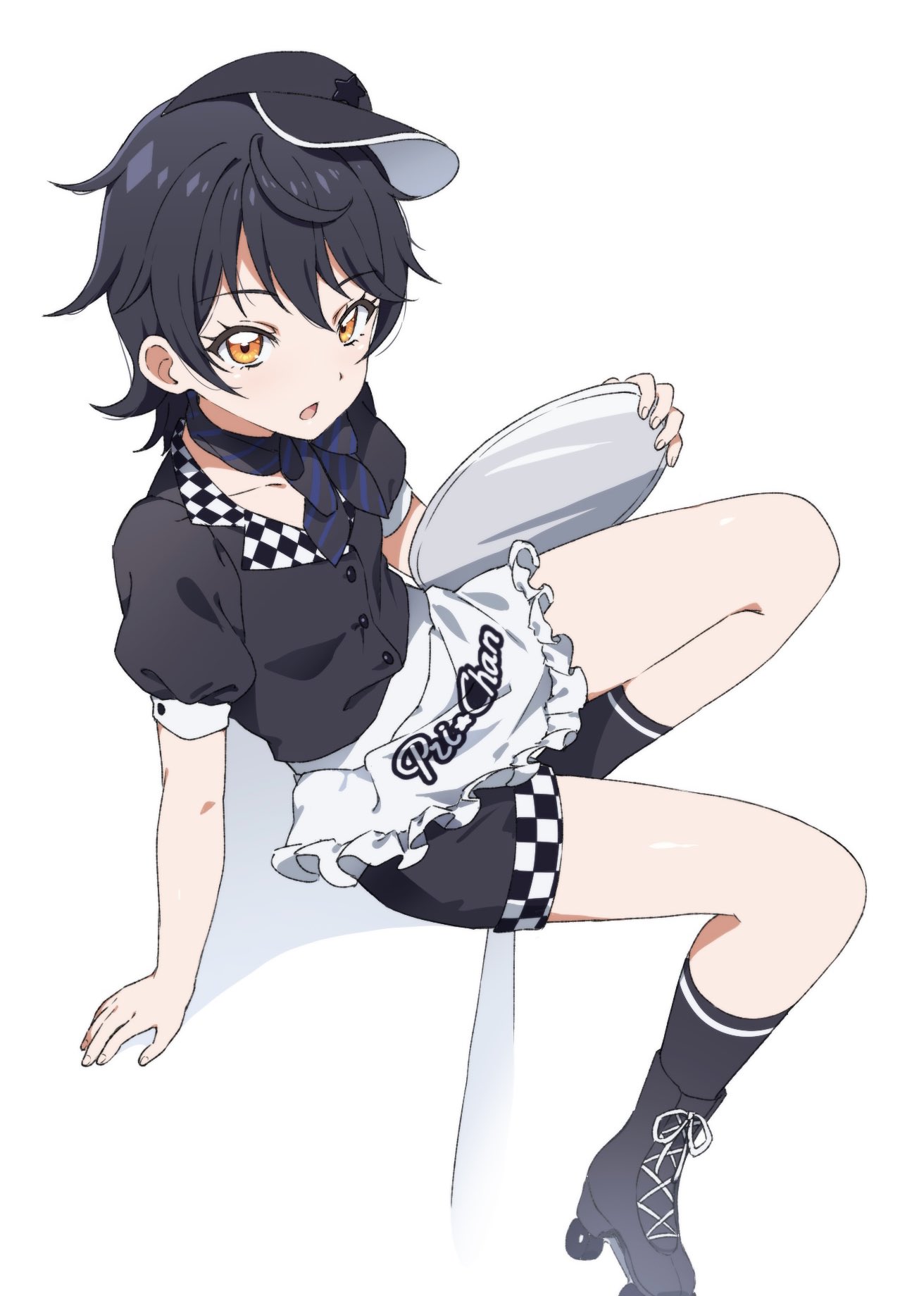1girl apron arm_support black_footwear black_hair black_scarf black_shirt black_shorts black_socks collared_shirt commentary dolldolldd english_commentary frilled_apron frills from_above full_body highres holding holding_tray kiratto_pri_chan kurokawa_suzu looking_at_viewer looking_up open_mouth pretty_series puffy_short_sleeves puffy_sleeves roller_skates scarf shirt short_hair short_sleeves shorts simple_background sitting skates socks solo tray waist_apron waitress white_apron white_background yellow_eyes