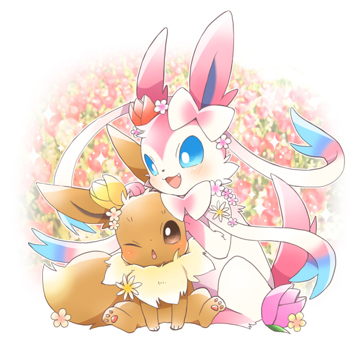 animal_focus blue_eyes blush bright_pupils brown_eyes eevee fang flower full_body hair_flower hair_ornament hand_on_another's_head moka-momaka no_humans one_eye_closed open_mouth pawpads pink_flower pokemon pokemon_(creature) sitting sylveon white_pupils